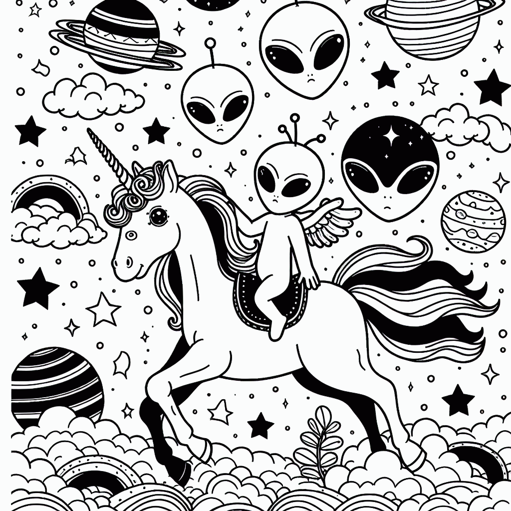 Kostenlose Malvorlagen Aliens auf Einhörnern zum Ausdrucken