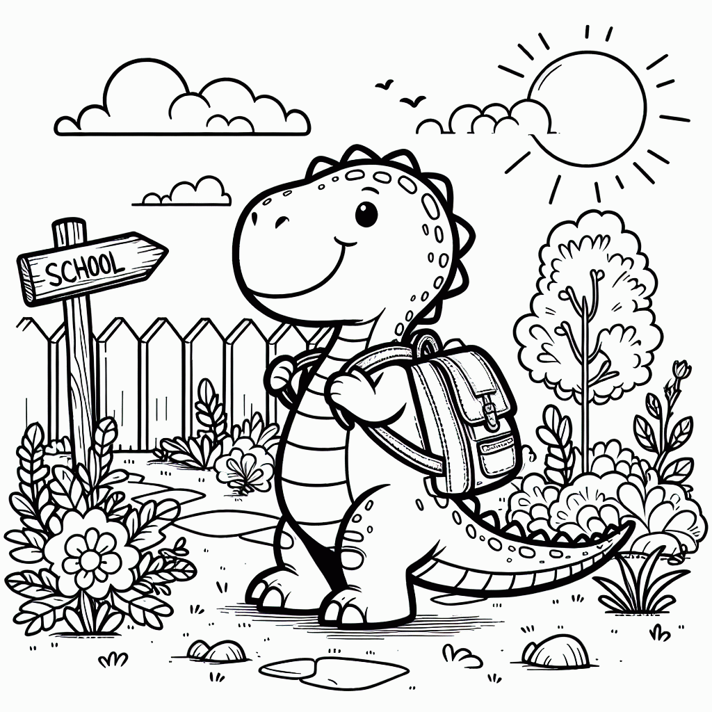 Dinosaurier Malvorlage mit Schultasche kostenlos ausdrucken