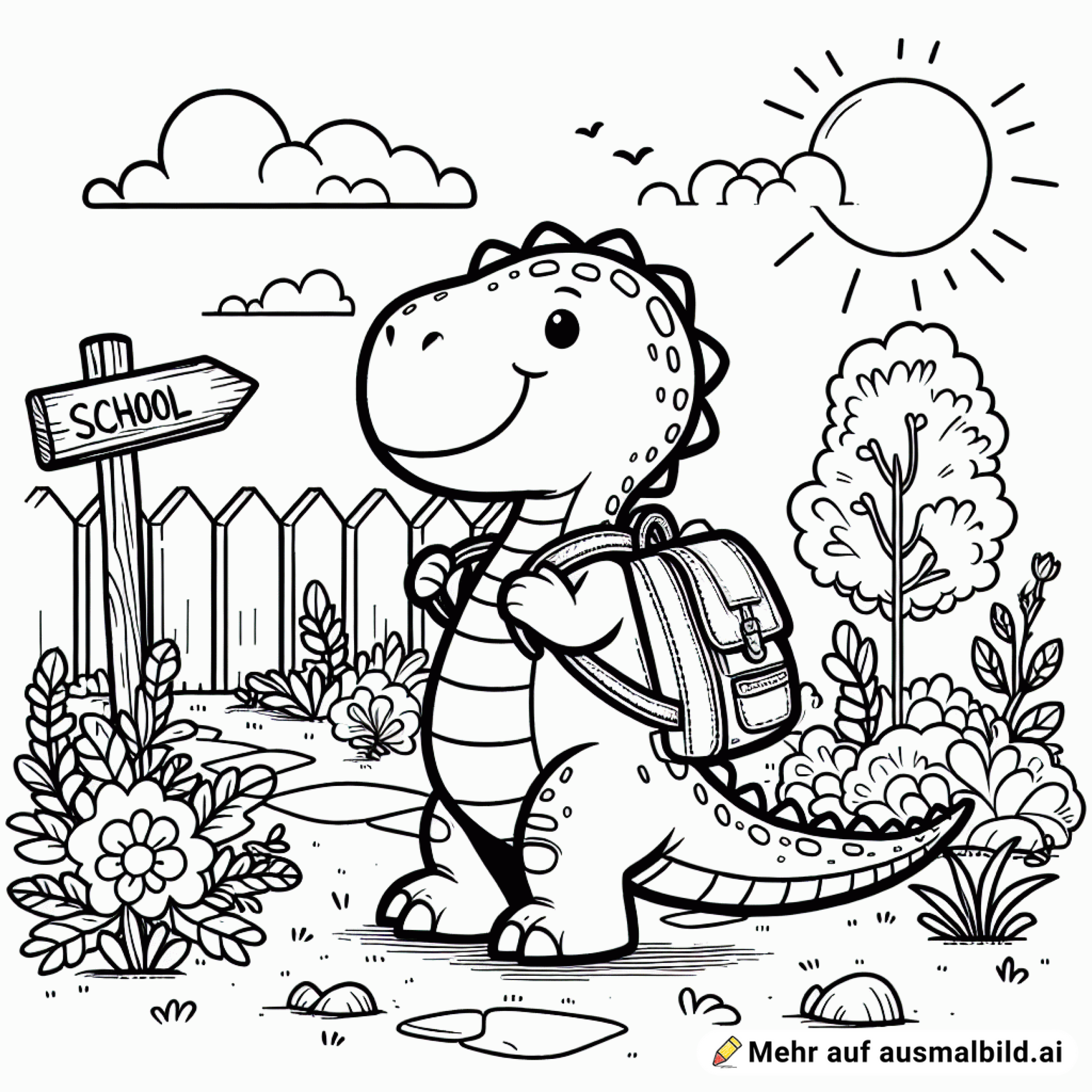 Ein Dinosaurier trägt eine Schultasche