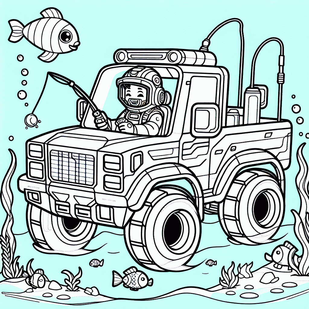 Kostenlose Cybertruck Malvorlage mit Fischer Unterwasser Ausmalbild
