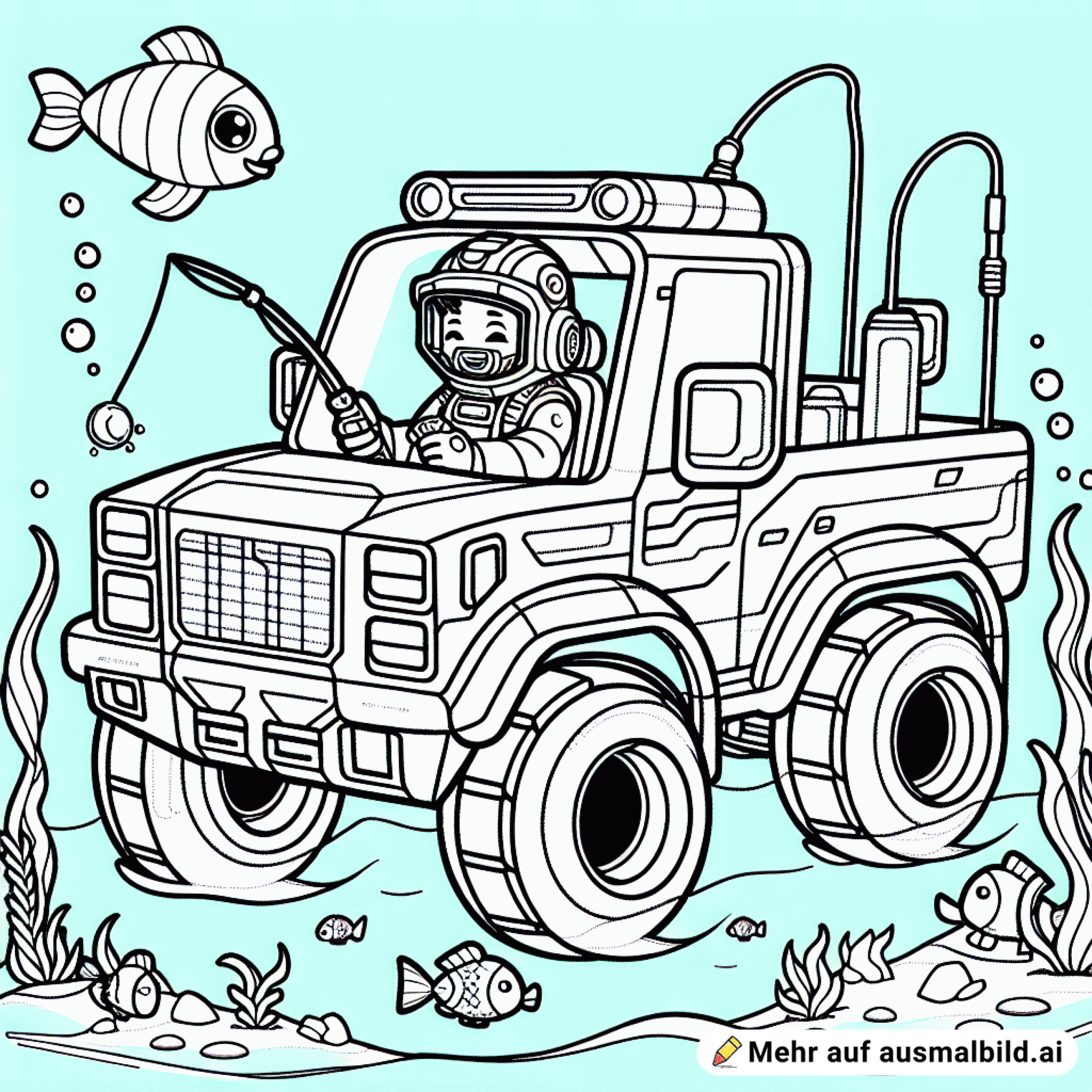 Cybertruck fährt mit einem Fischer unter Wasser