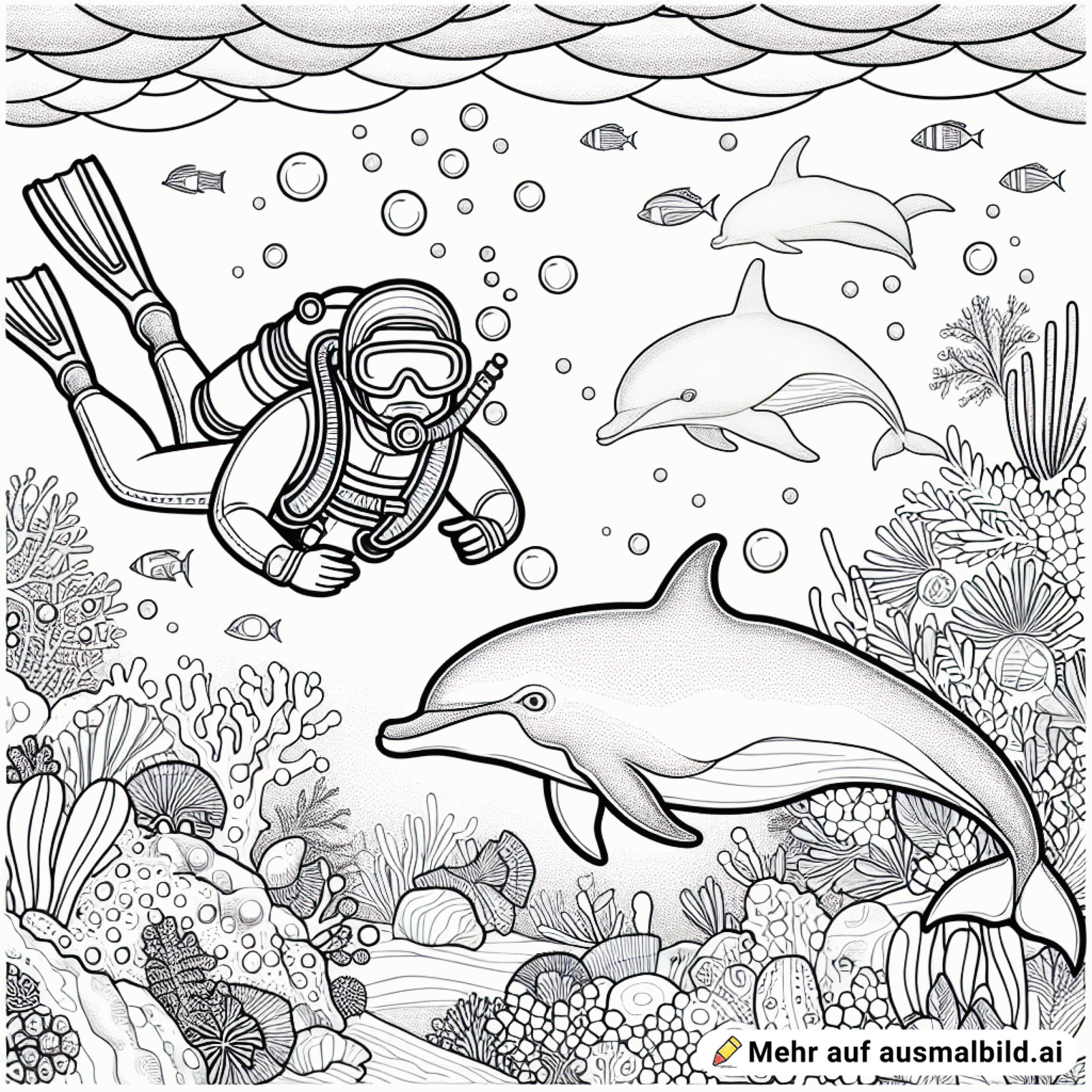 Taucher ist unter Wasser und sieht einen Delfin vor sich