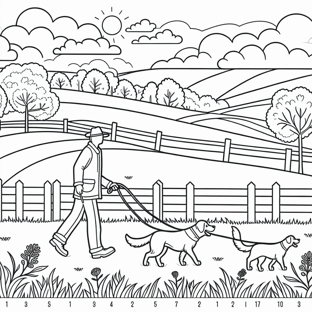Kostenlose Malvorlage: Zwei Hunde mit Herrchen auf dem Feld ausdrucken