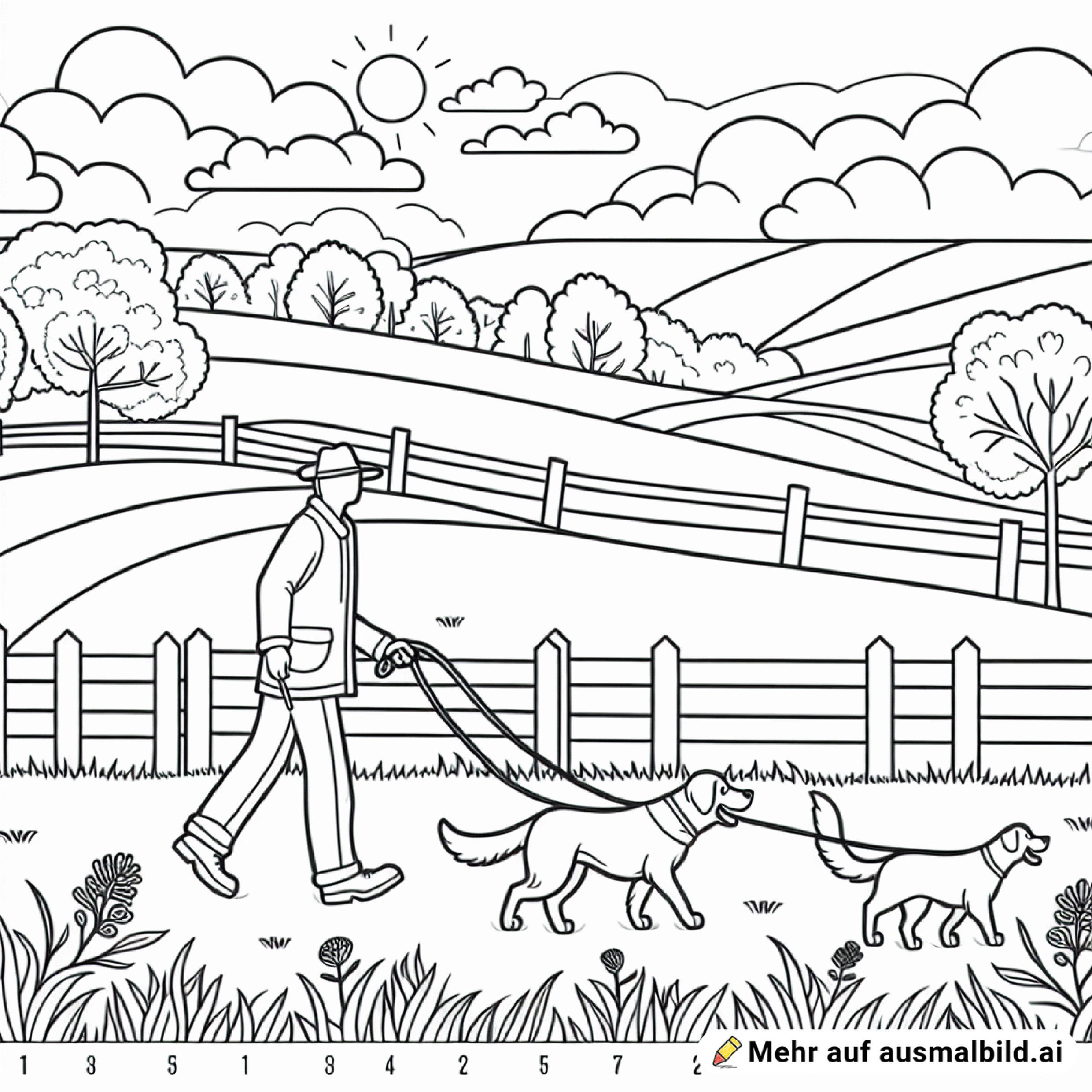 zwei Hunde sind mit ihrem Herrchen auf ein Feld Gassi gegangen