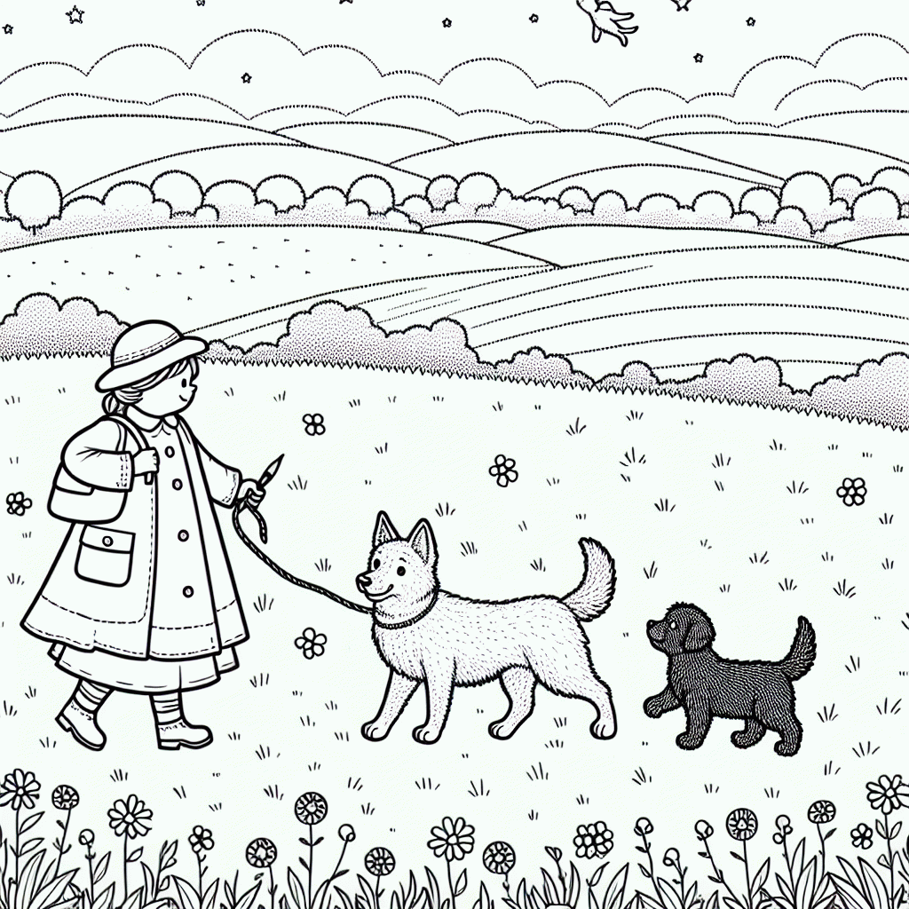 Kostenlose Malvorlage: Hunde mit Frauchen auf dem Feld ausmalen