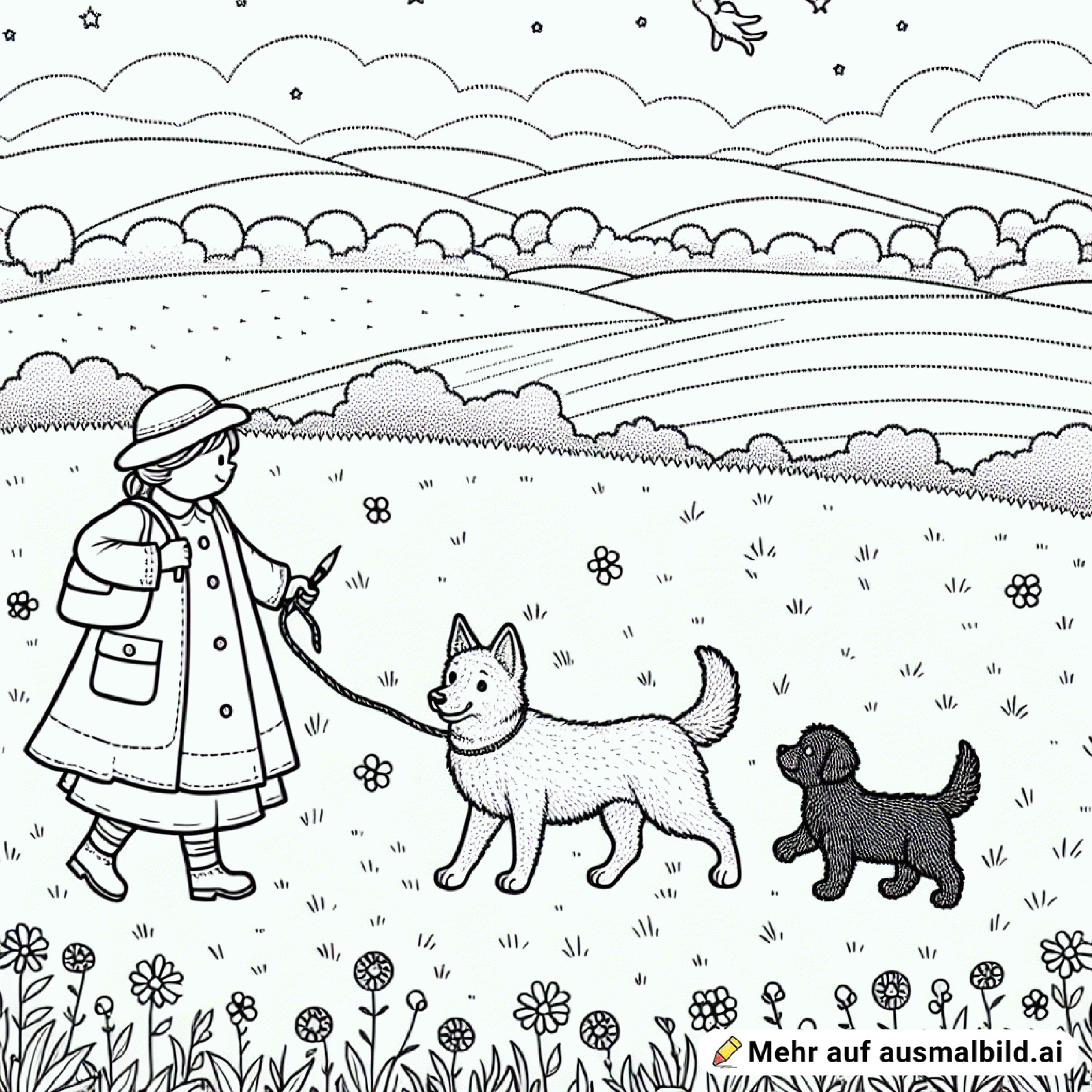 zwei Hunde sind mit ihrem Frauchen auf ein Feld Gassi gegangen. Wenig detalliert. Ein Kind spaziert mit.