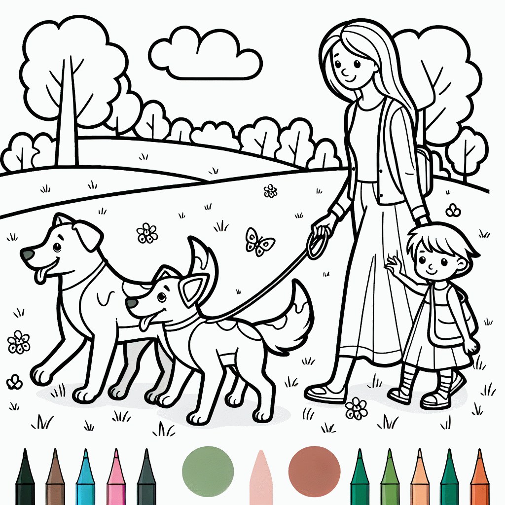 Malvorlage Hunde mit Frauchen und Kind zum Ausdrucken