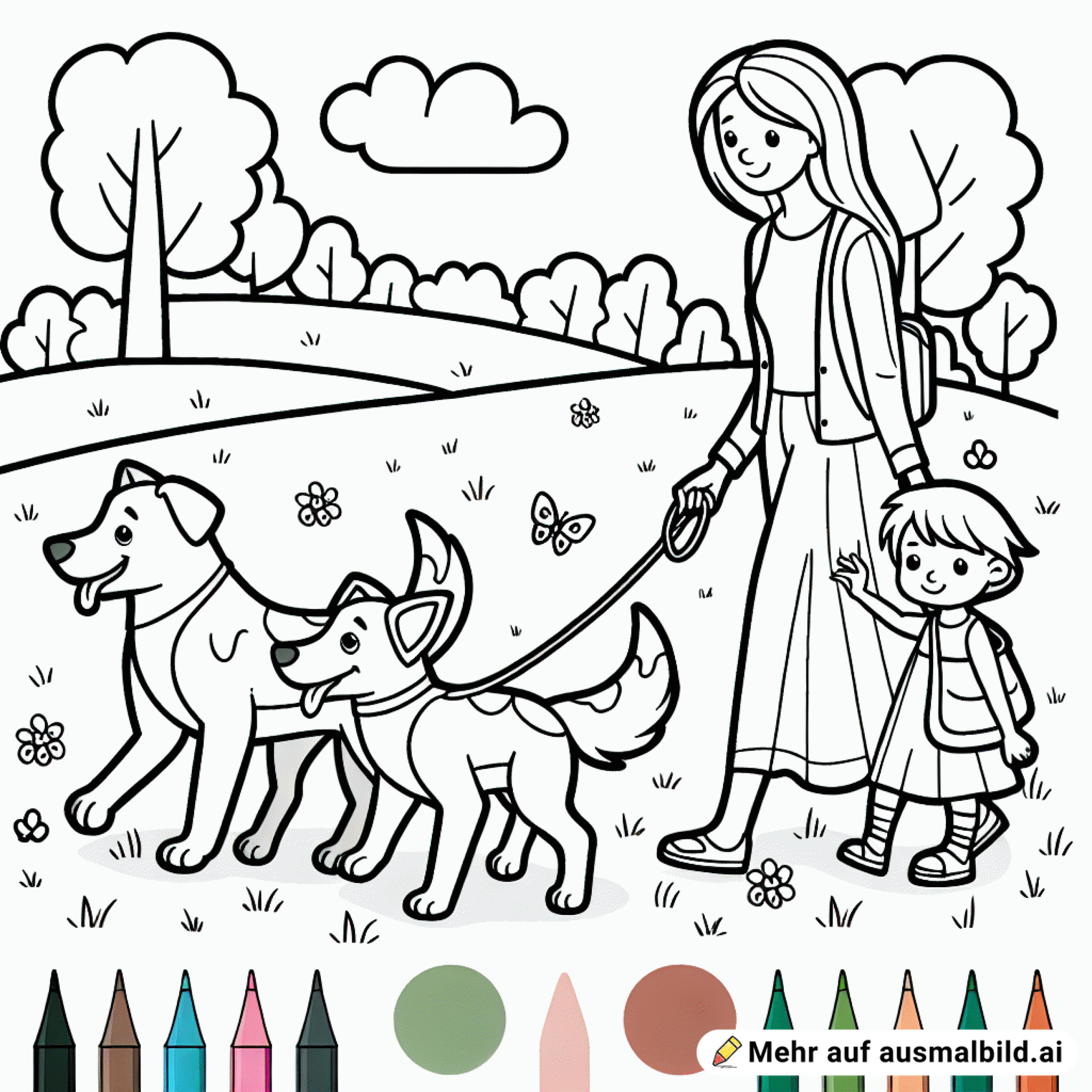 zwei Hunde sind mit ihrem Frauchen und mit ihrem Kind auf ein Feld Gassi gegangen. Wenig detalliert. Ein Kind spaziert mit.