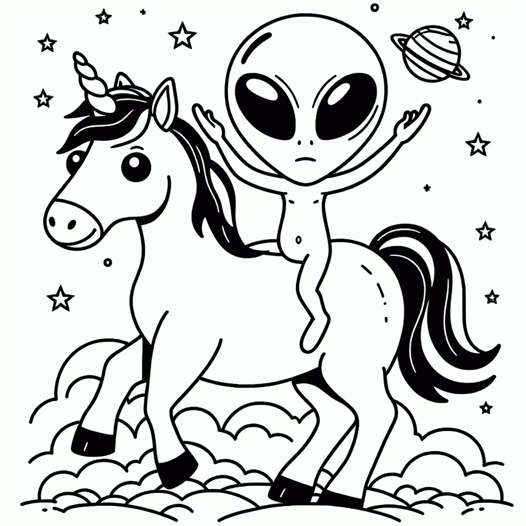Alien auf dem Einhorn Malvorlage zum Ausdrucken kostenlos