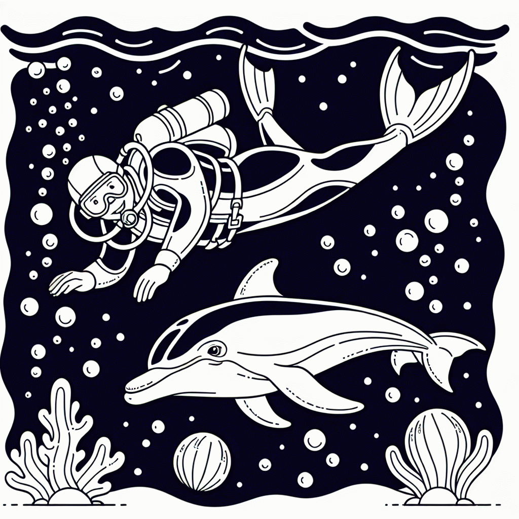 Kostenlose Taucher und Delfin Malvorlage zum Ausdrucken