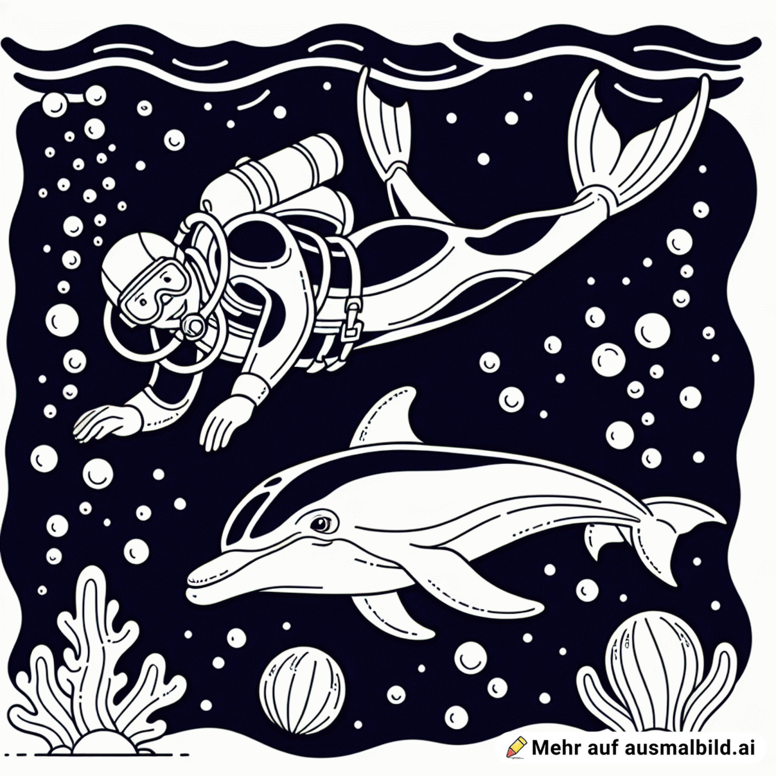 taucher unter wasser vor ihm ist ein delfin