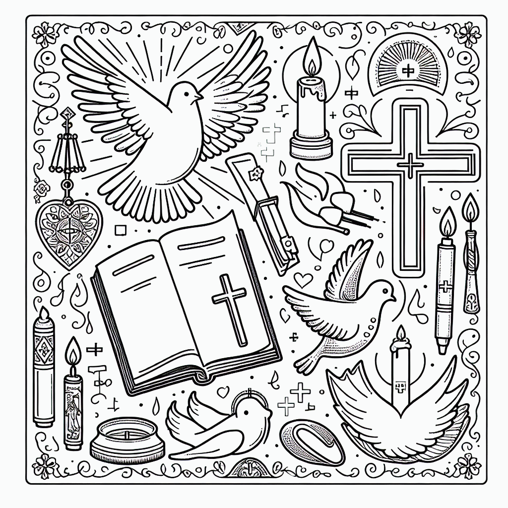 Kostenlose Malvorlage: Taube, Kreuz & Bibel – Christliche Symbole