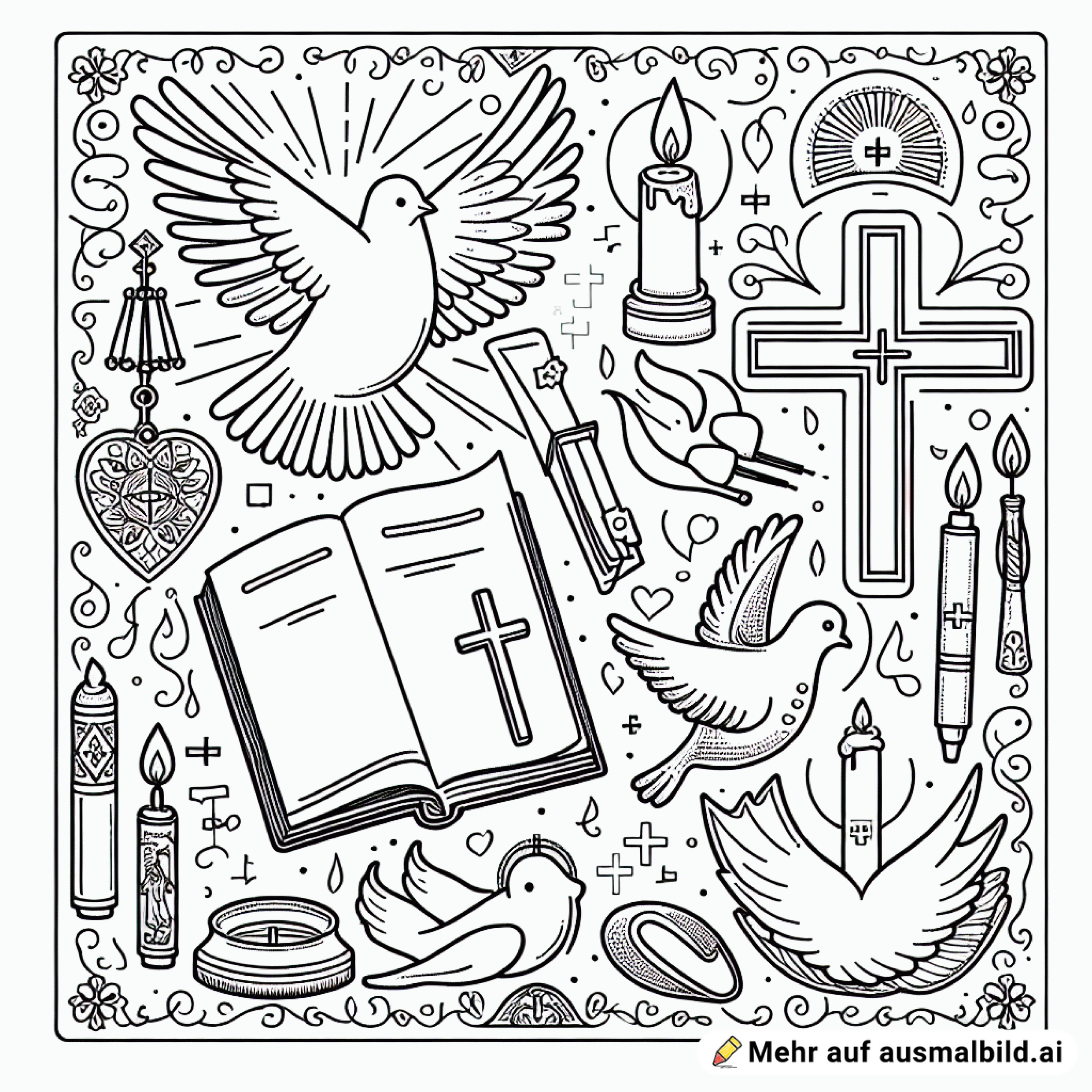 Taube, Bibel, Kreuz, katholische christliche Symbolen mit Überschrift Religion und ein Feld in dem man den Namen reinschreiben kann