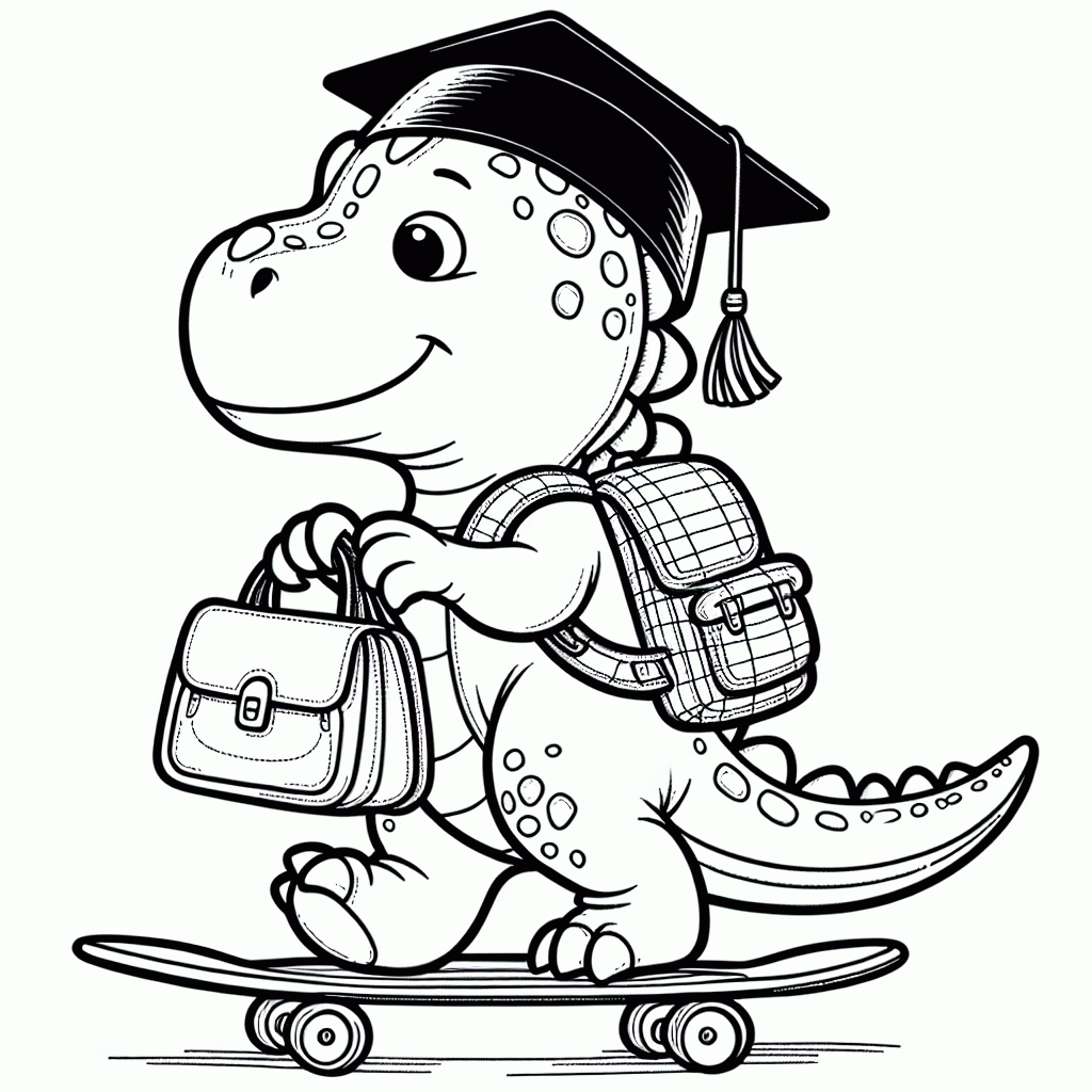 Dino mit Schultasche auf Skateboard Malvorlage kostenlos ausdrucken