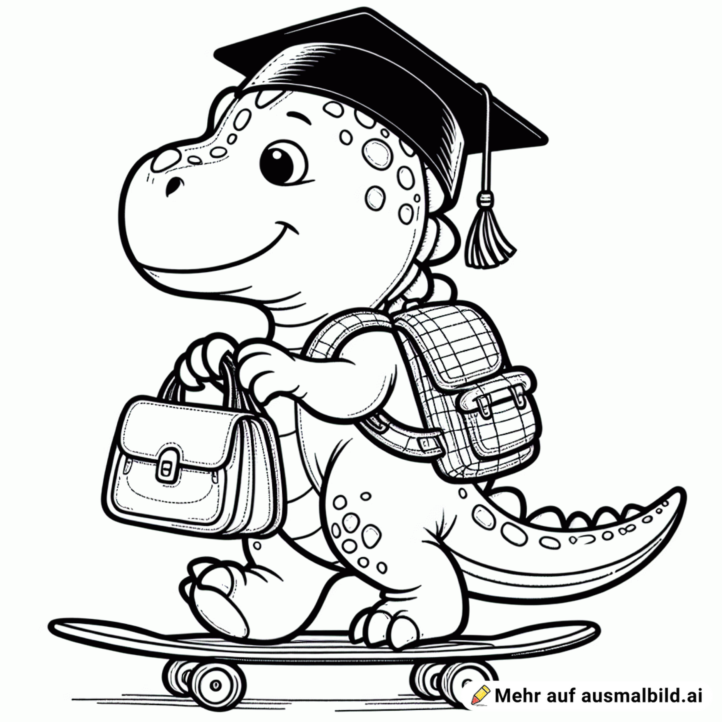 dino mit schultasche fährt skateboard