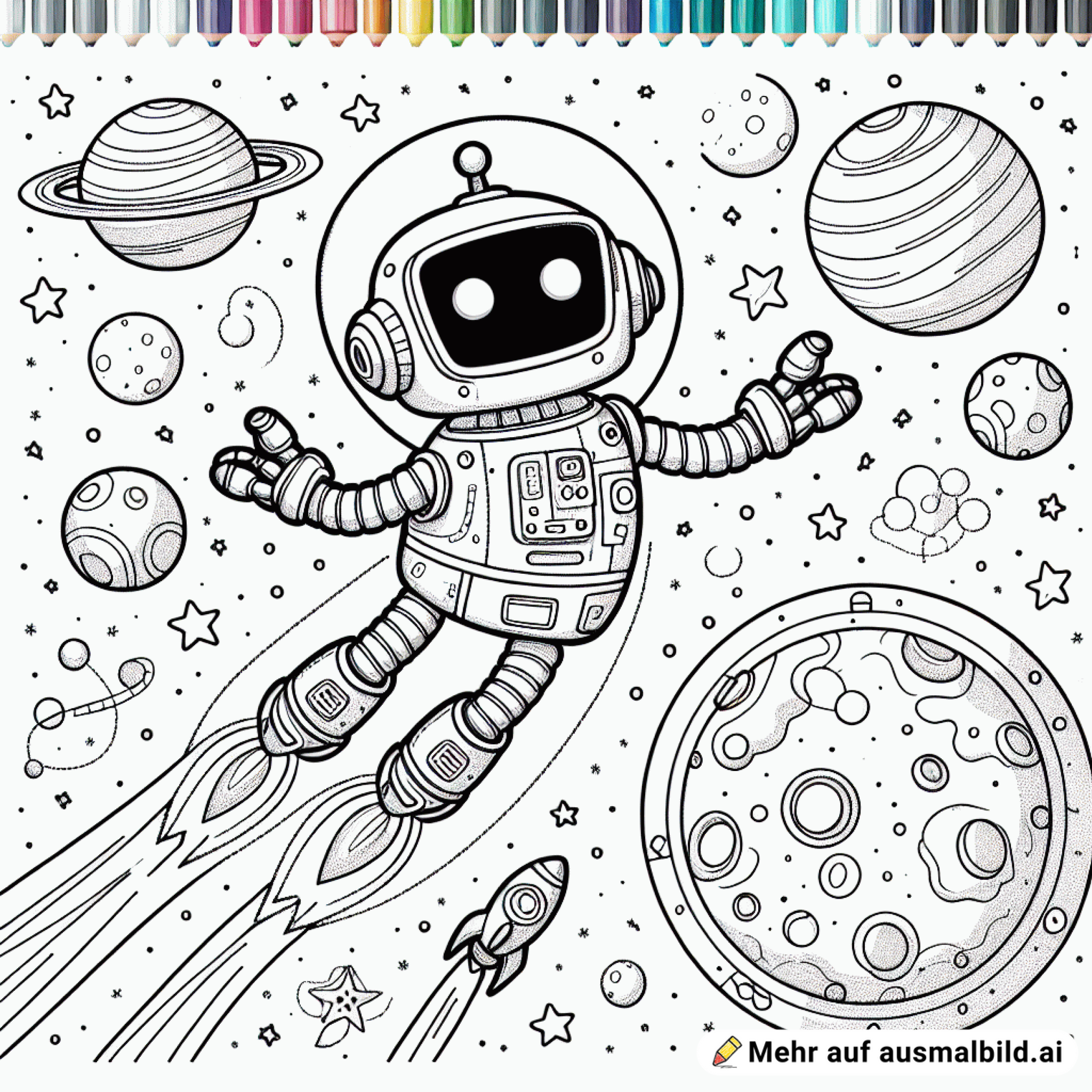 Roboter im Weltall der von einem Planeten springt