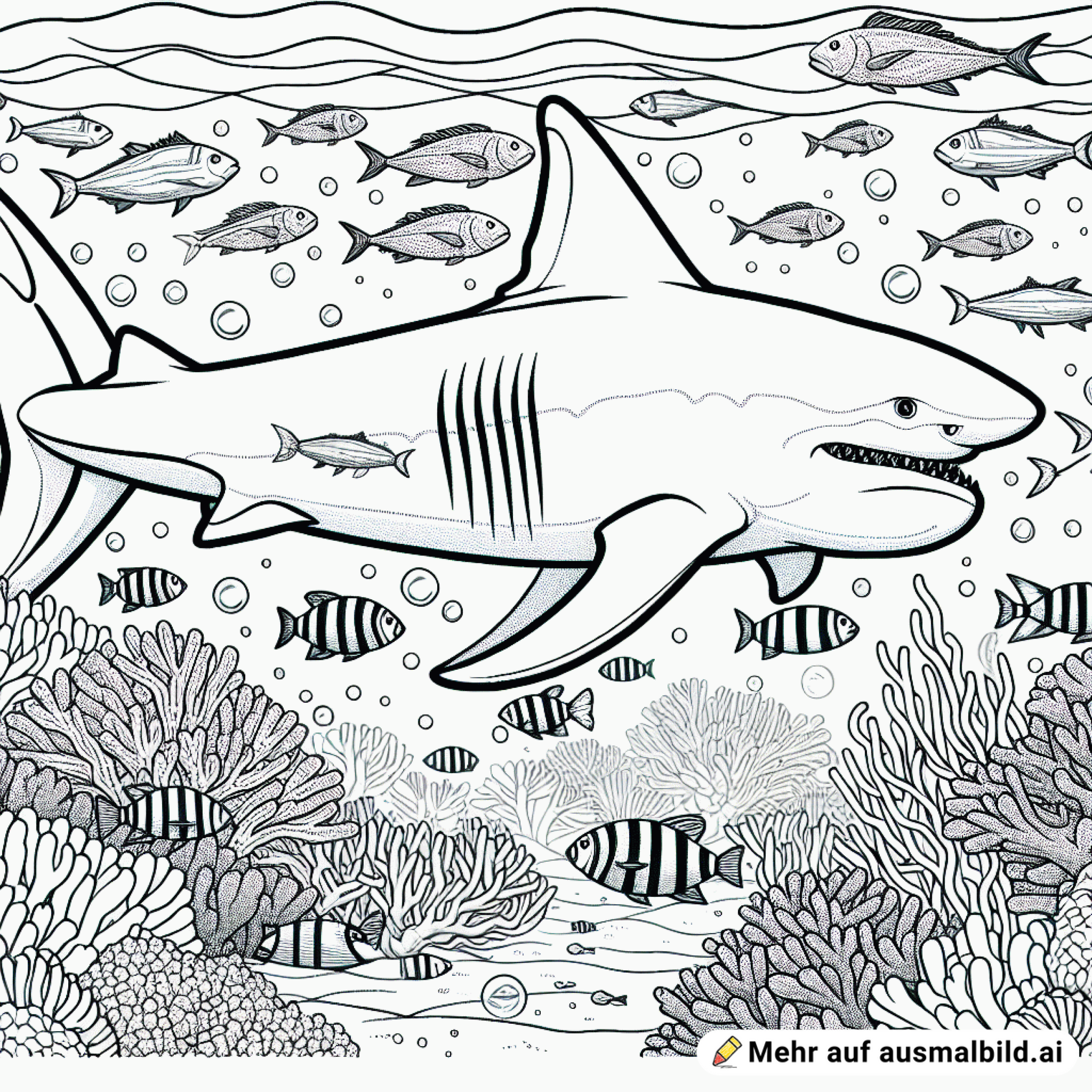 Megalodon im Meer, er ist ganz groß zwischen den Fischen