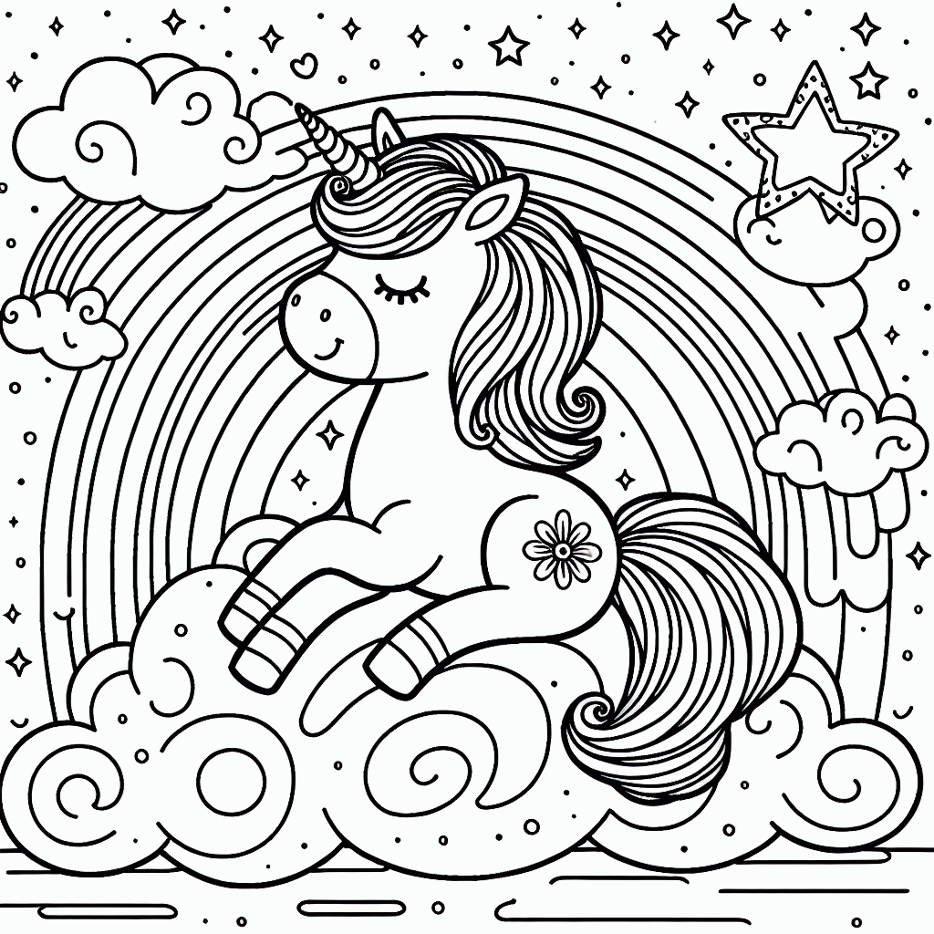 Einhorn Malvorlage kostenlos ausdrucken – Wolke & Regenbogen