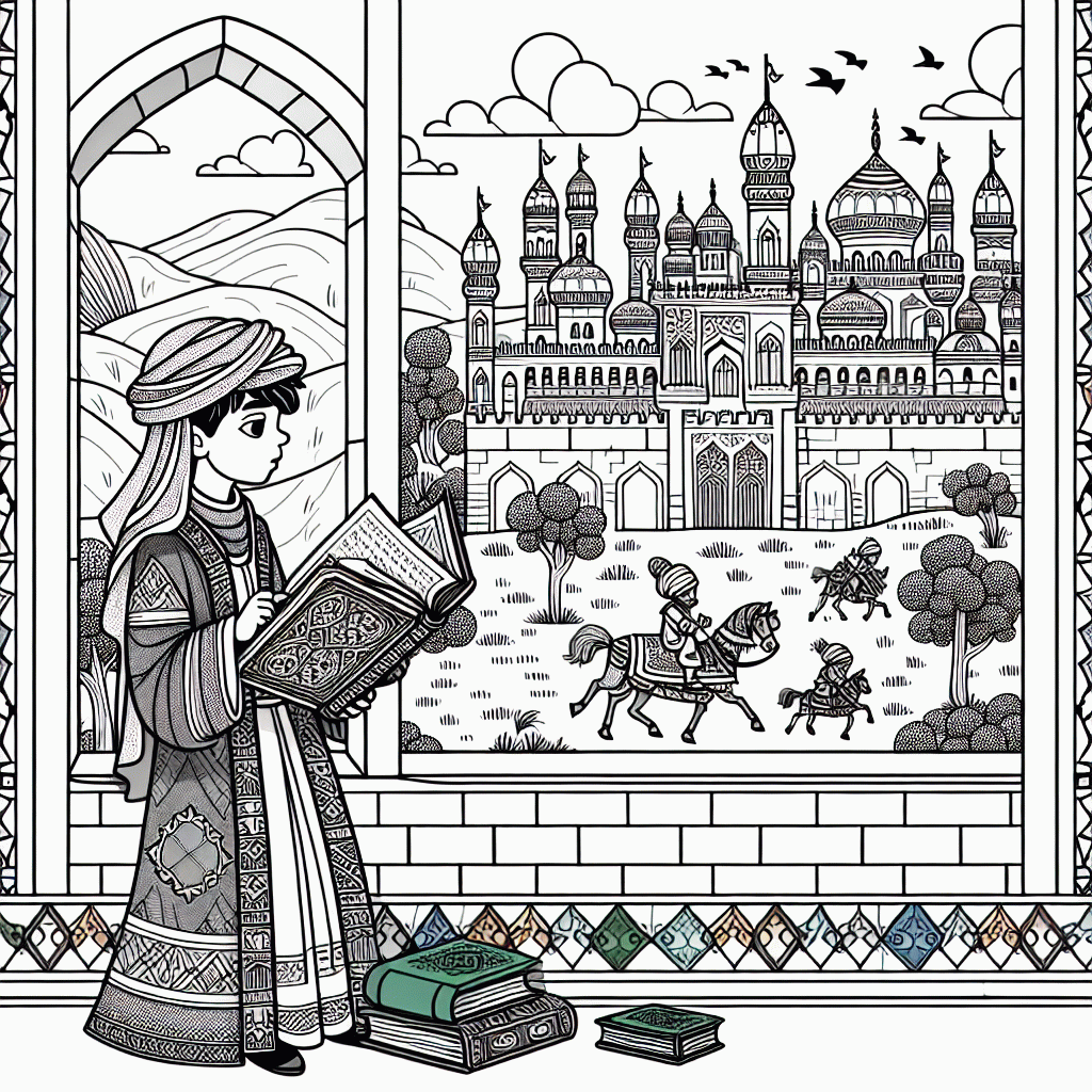 Kostenlose Malvorlage Ritterjunge in Burg zum Ausdrucken