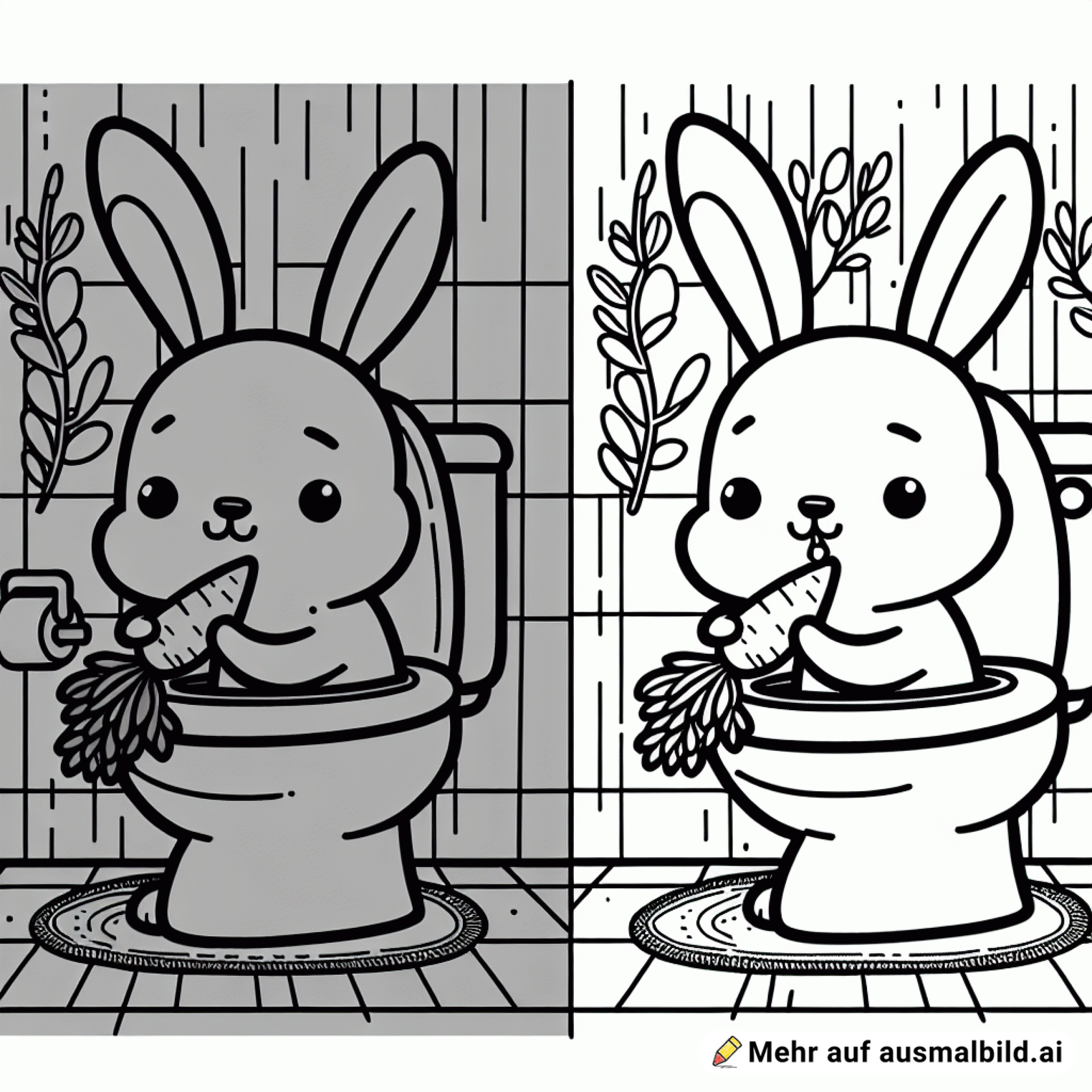 Hase isst eine Karotte und sitzt auf dem Klo