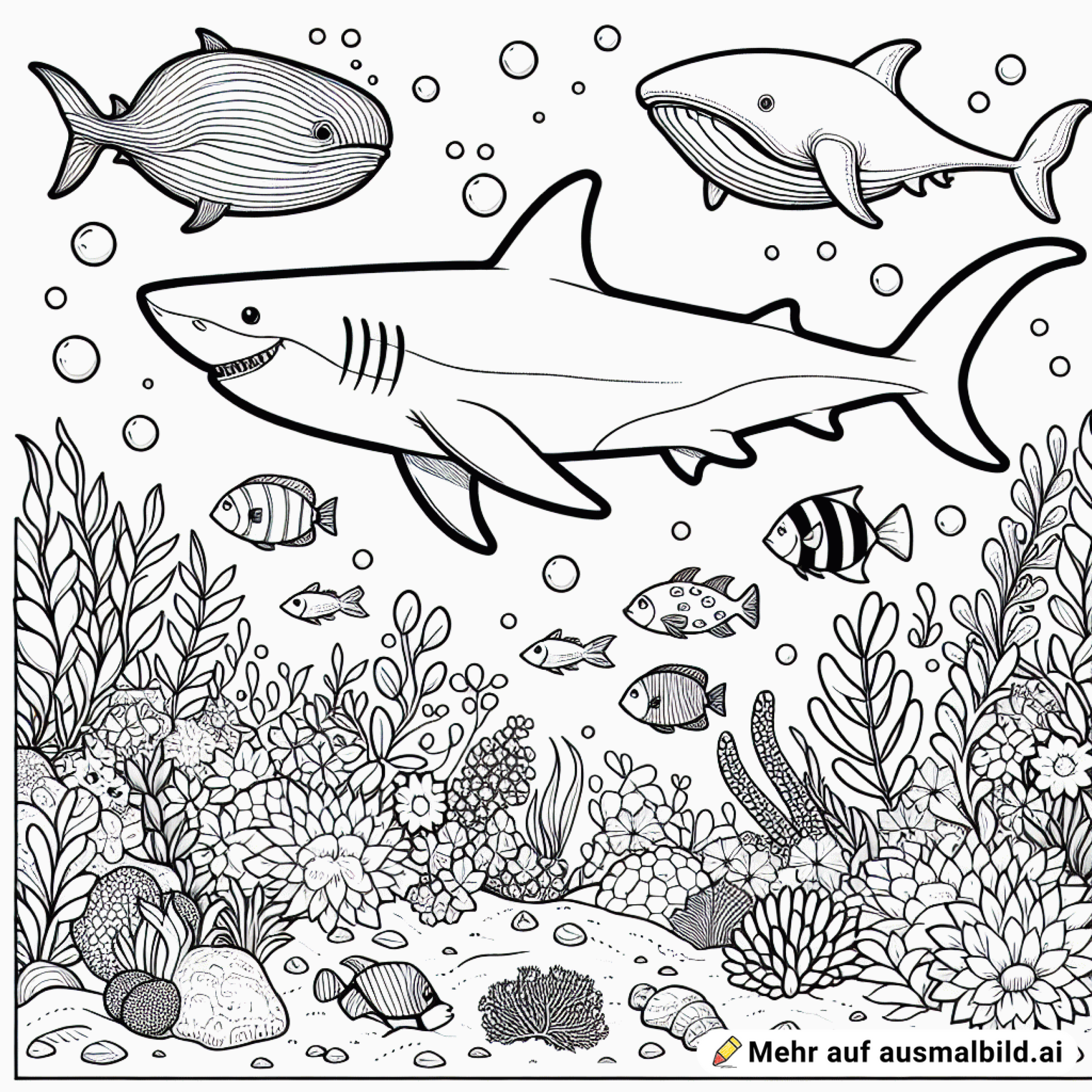 Hai im Meer, bleibt stehen, sieht andere Blumen, Fische und ein Wal