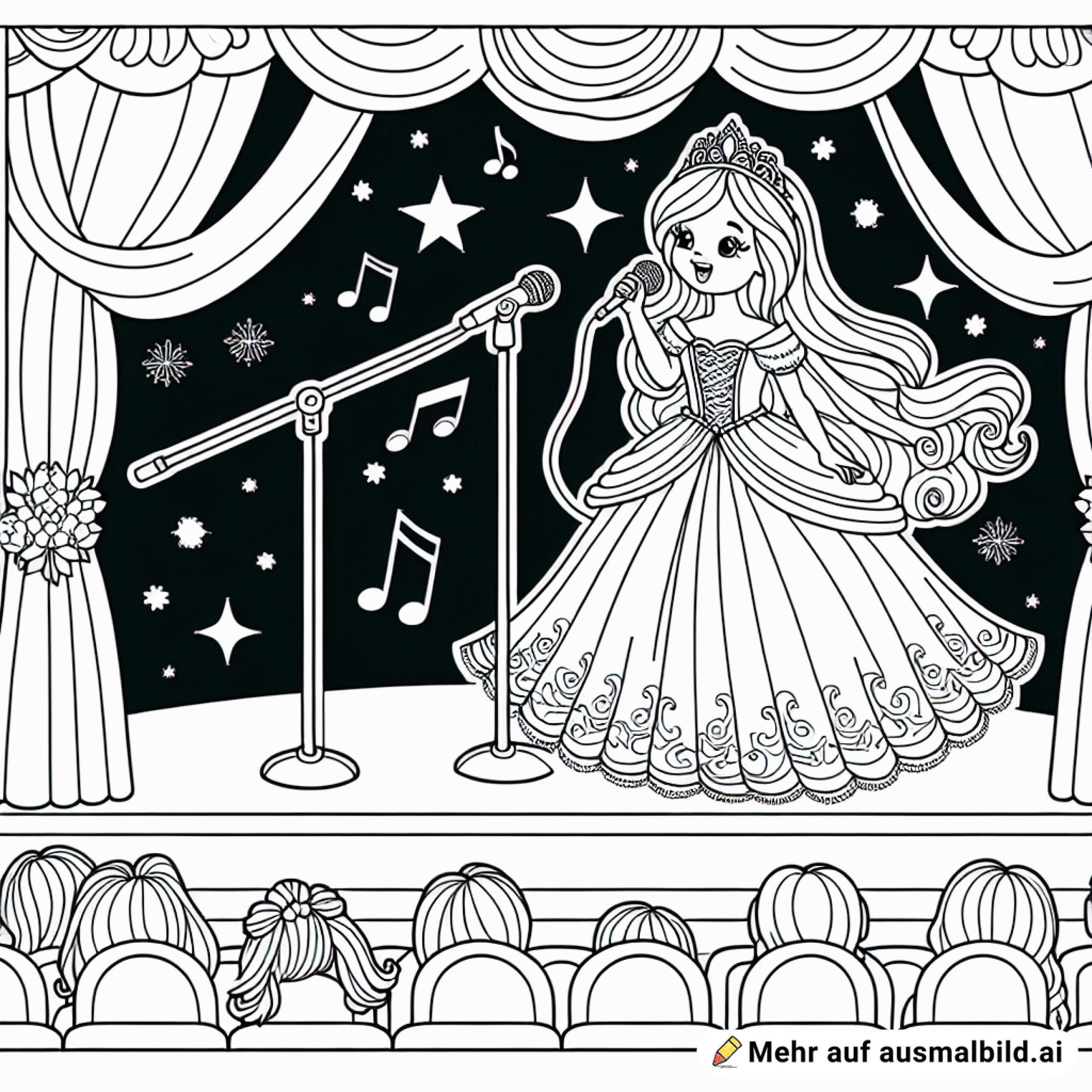 Prinzessin steht auf der Bühne und singt. Im vordergrund 2-3 Zuschauer. Wenige Details und sehr einfache Muster.