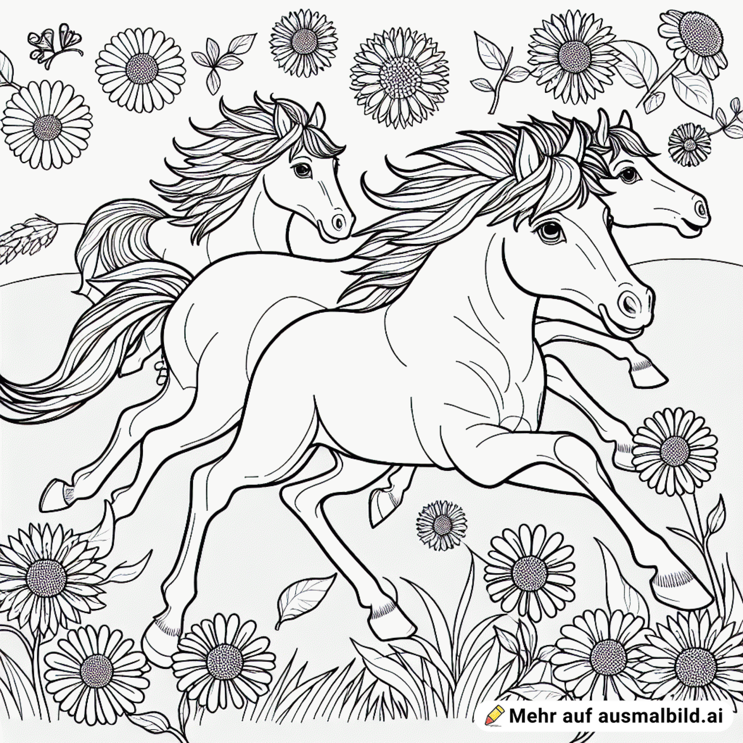 pferde gallopieren über eine Blumenwiese