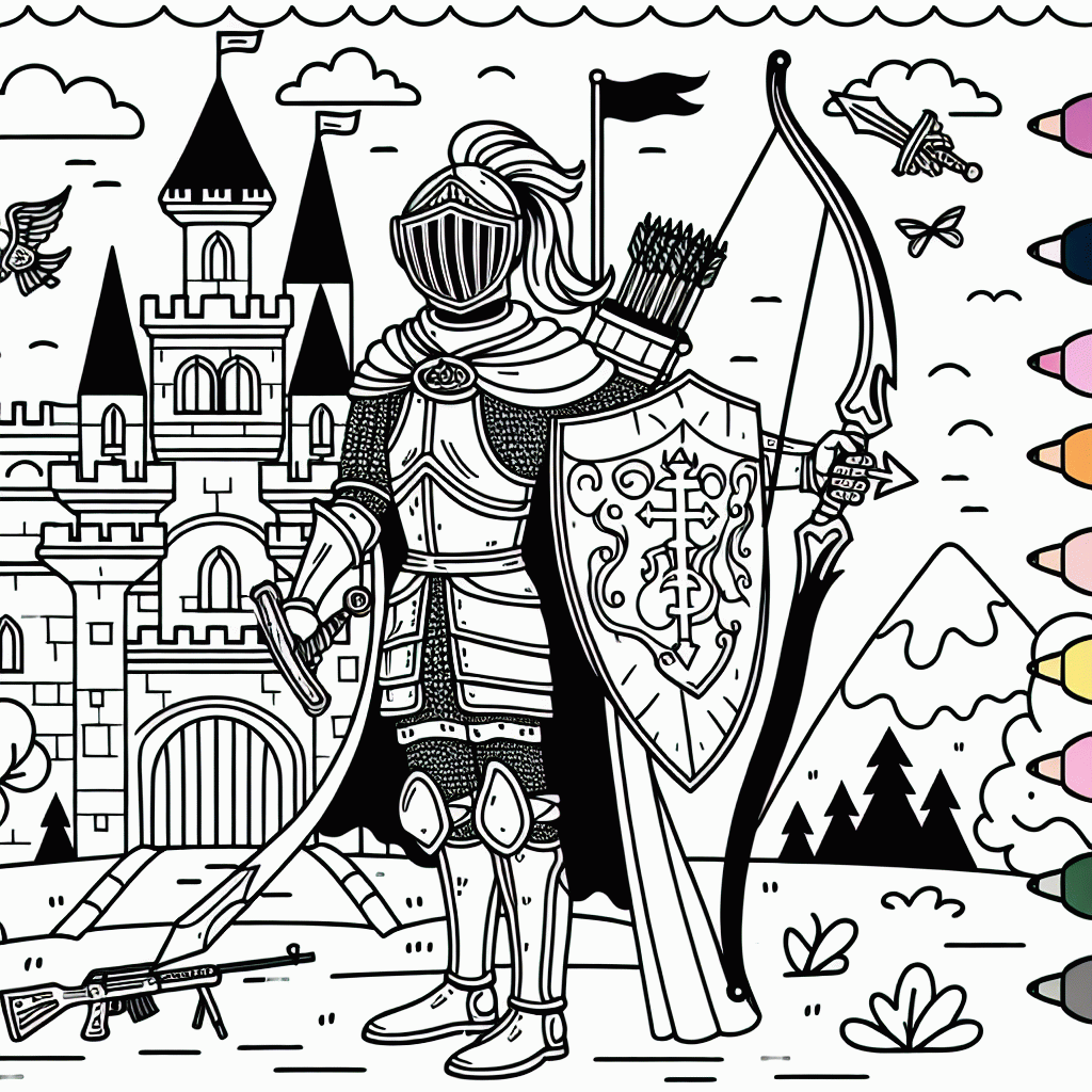 Ritterburg Malvorlage mit Ritter, Schwert & Bogen kostenlos