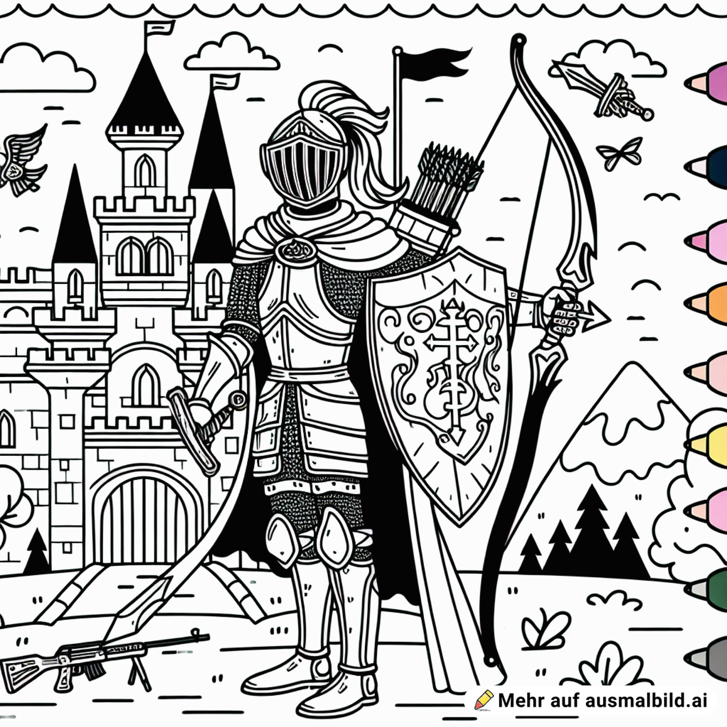 Ritterburg mit Ritter, Schwert, Bogen, für Kinder