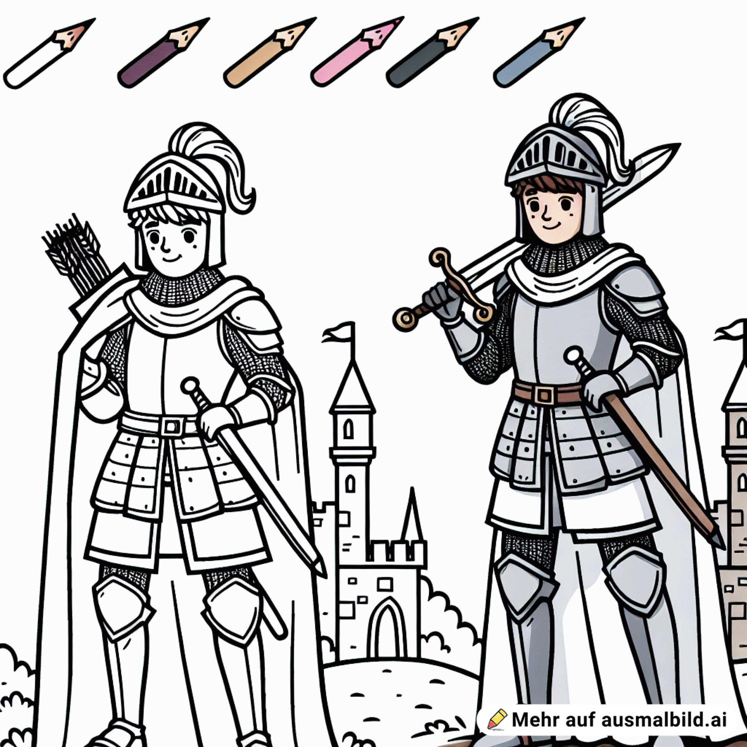 Ritter, Schwert und Bogen in der Hand, kindgerecht steht neben einer Burg