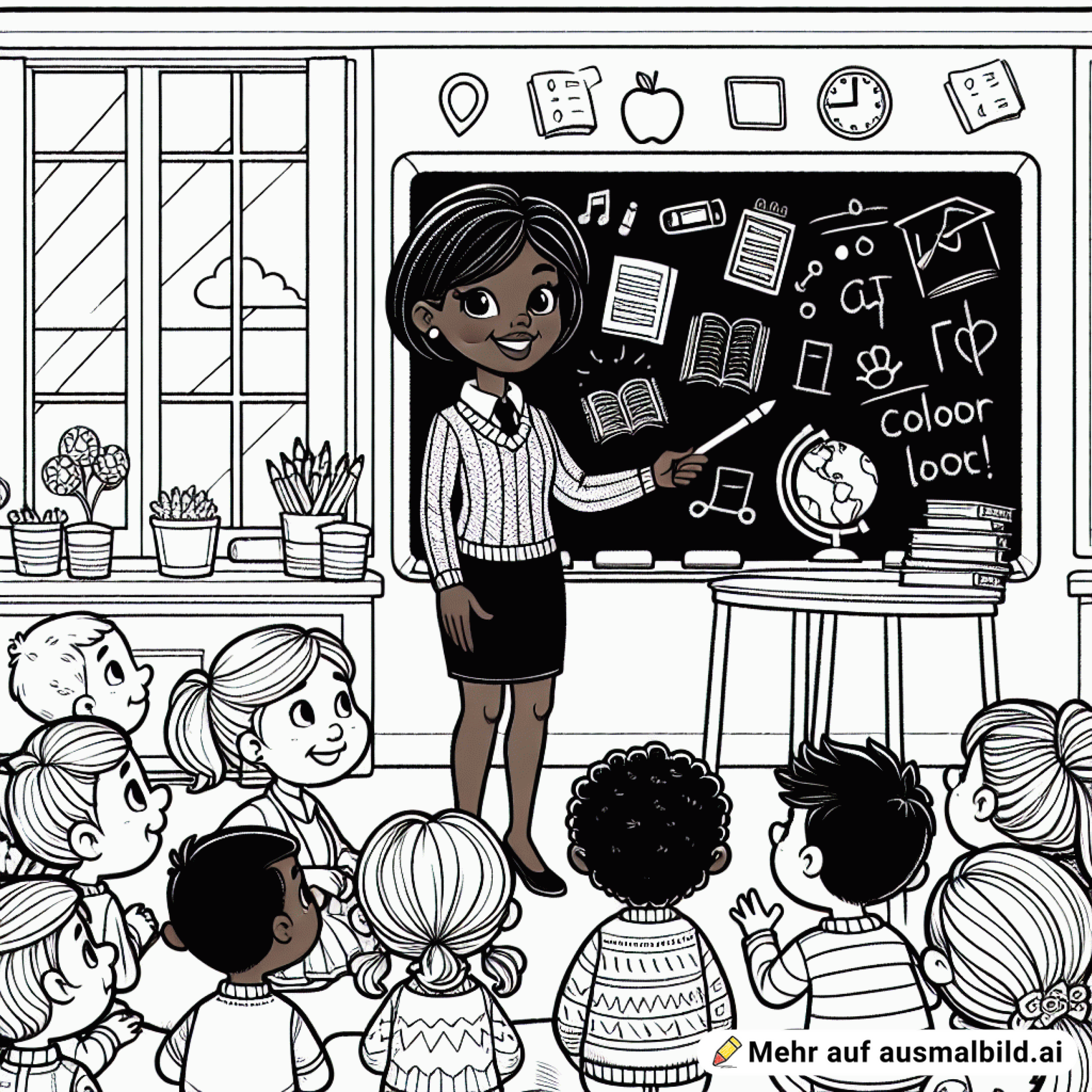 Ein Lehrerin, hat schwarze Haare, Pullover, steht vor der Tafel, Kinder schauen zur Tafel