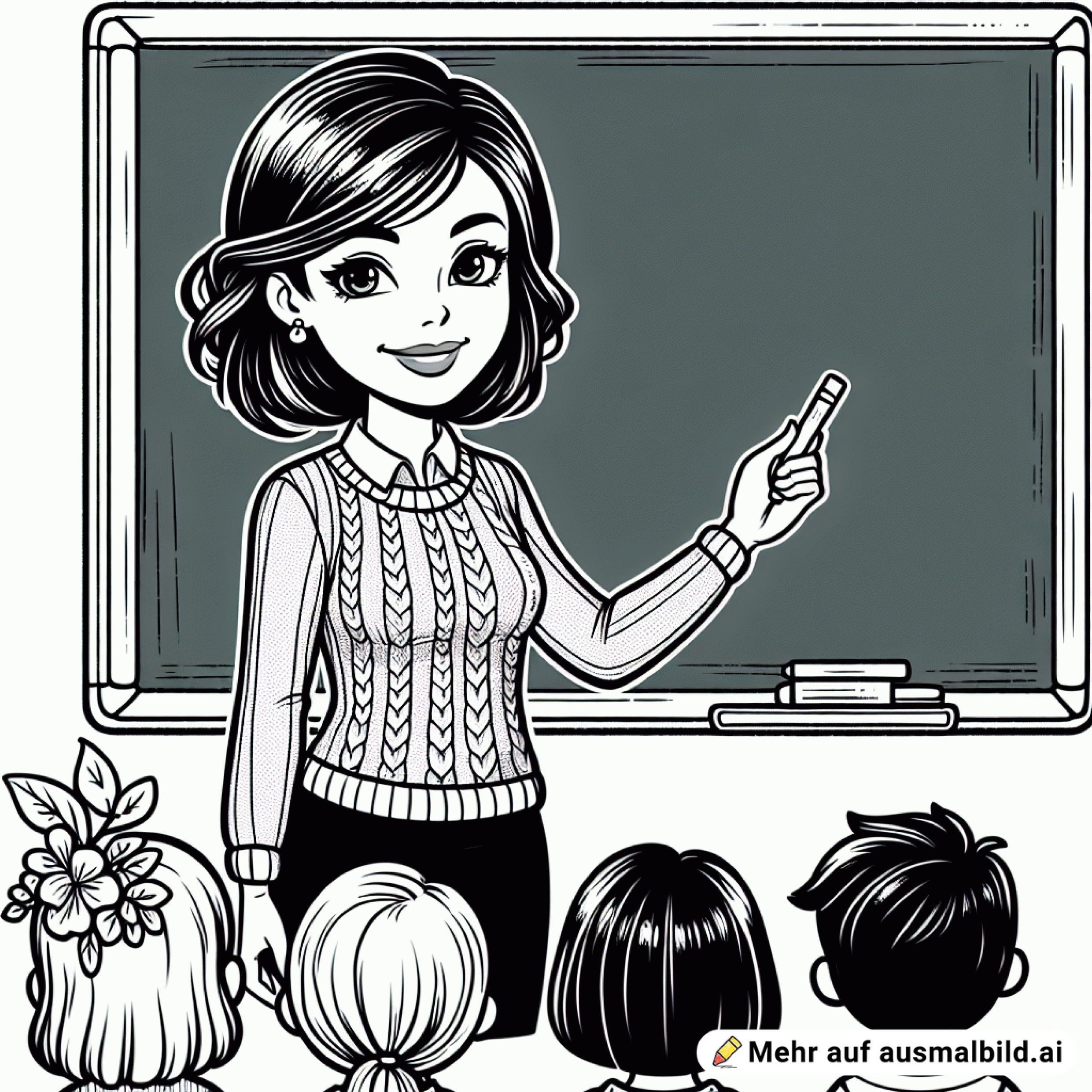 Ein Lehrerin, hat schwarze Haare, Pullover, steht vor der Tafel, Kinder schauen zur Tafel, helles Gesicht