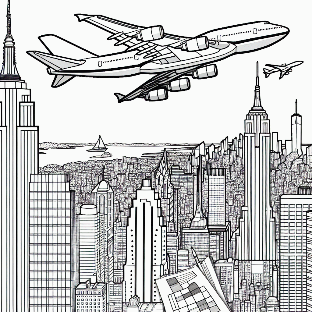 Realistische Flugzeug Malvorlagen über New York kostenlos ausdrucken