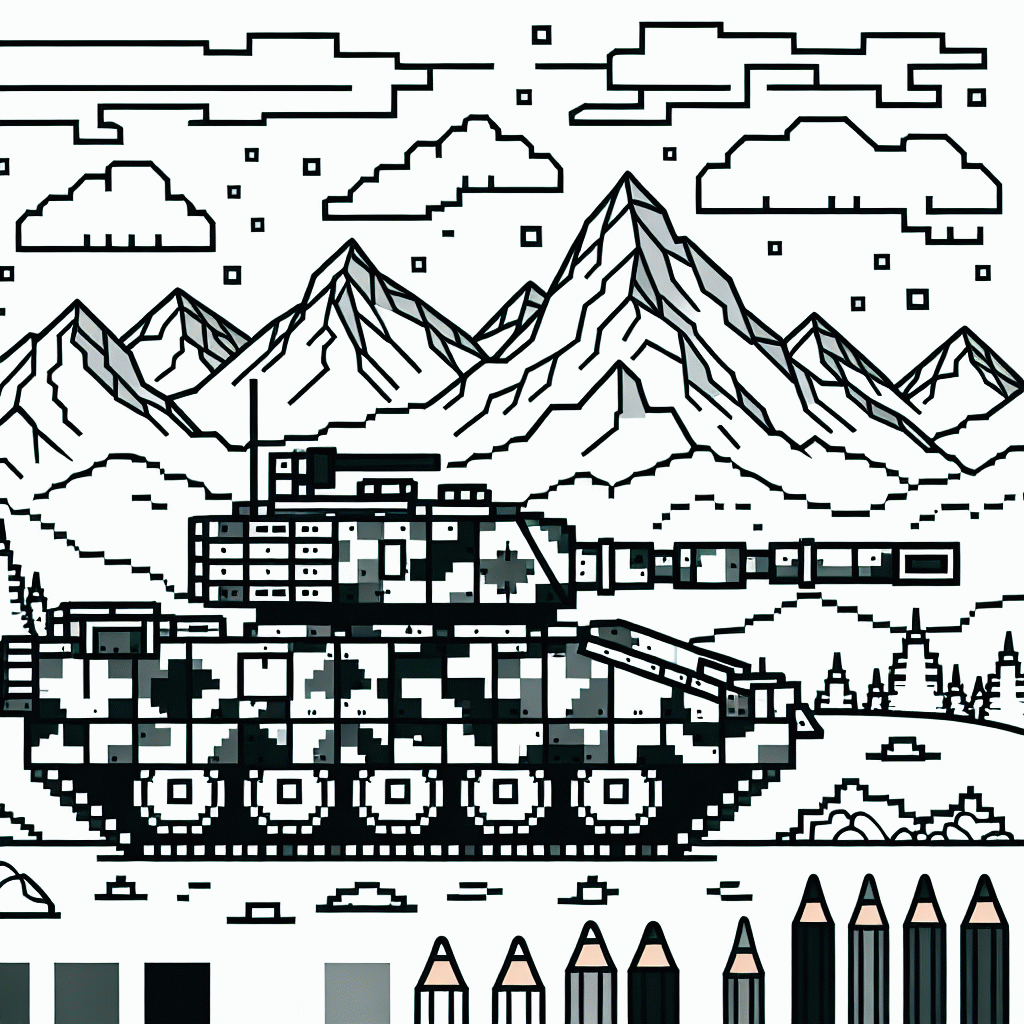 Minecraft Panzer Malvorlage mit Tarnung und Bergen zum Ausdrucken