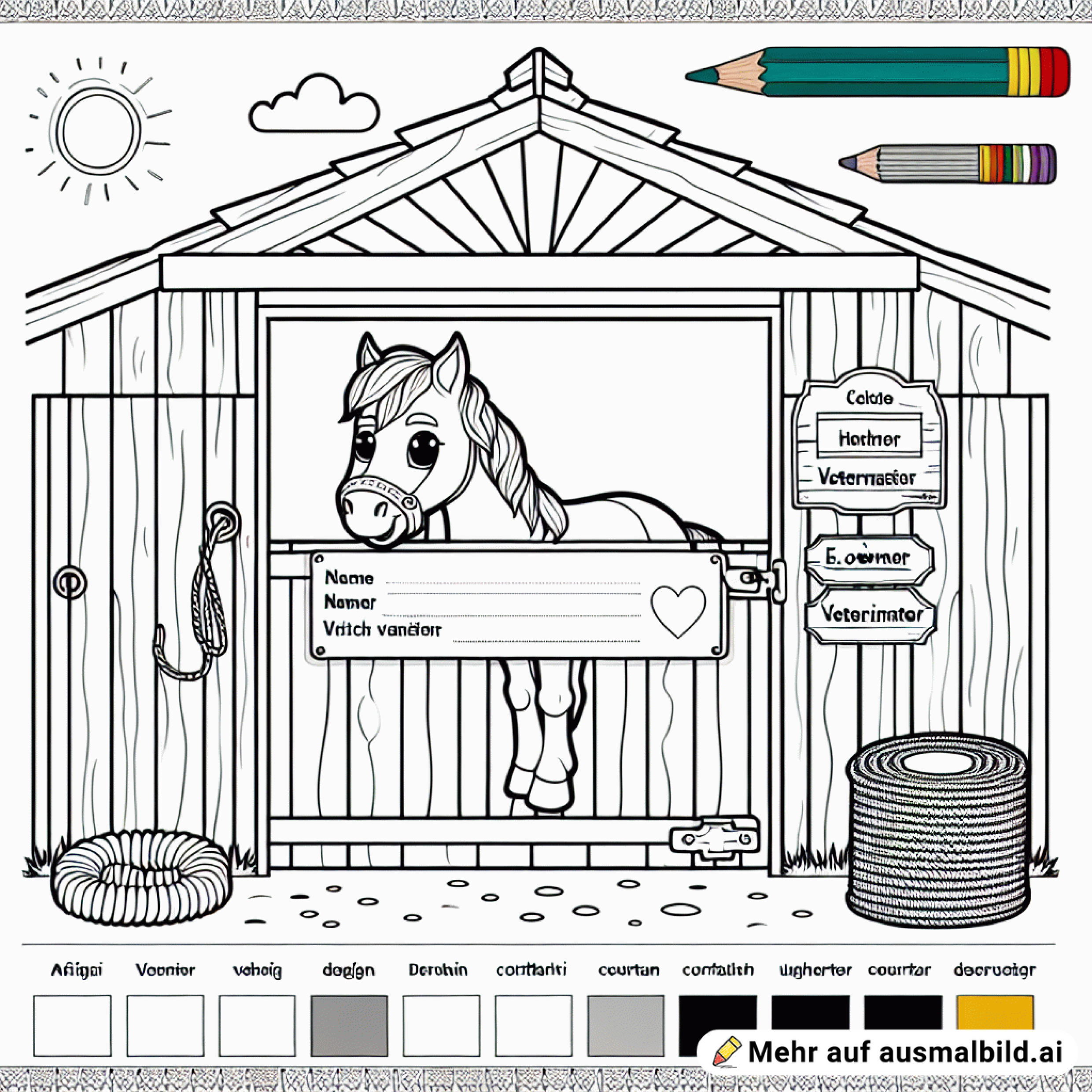 ein Schild für die Boxentür eines Pferdes mit Zeile für den Namen, den Besitzer und den Tierarzt in deutscher Sprache