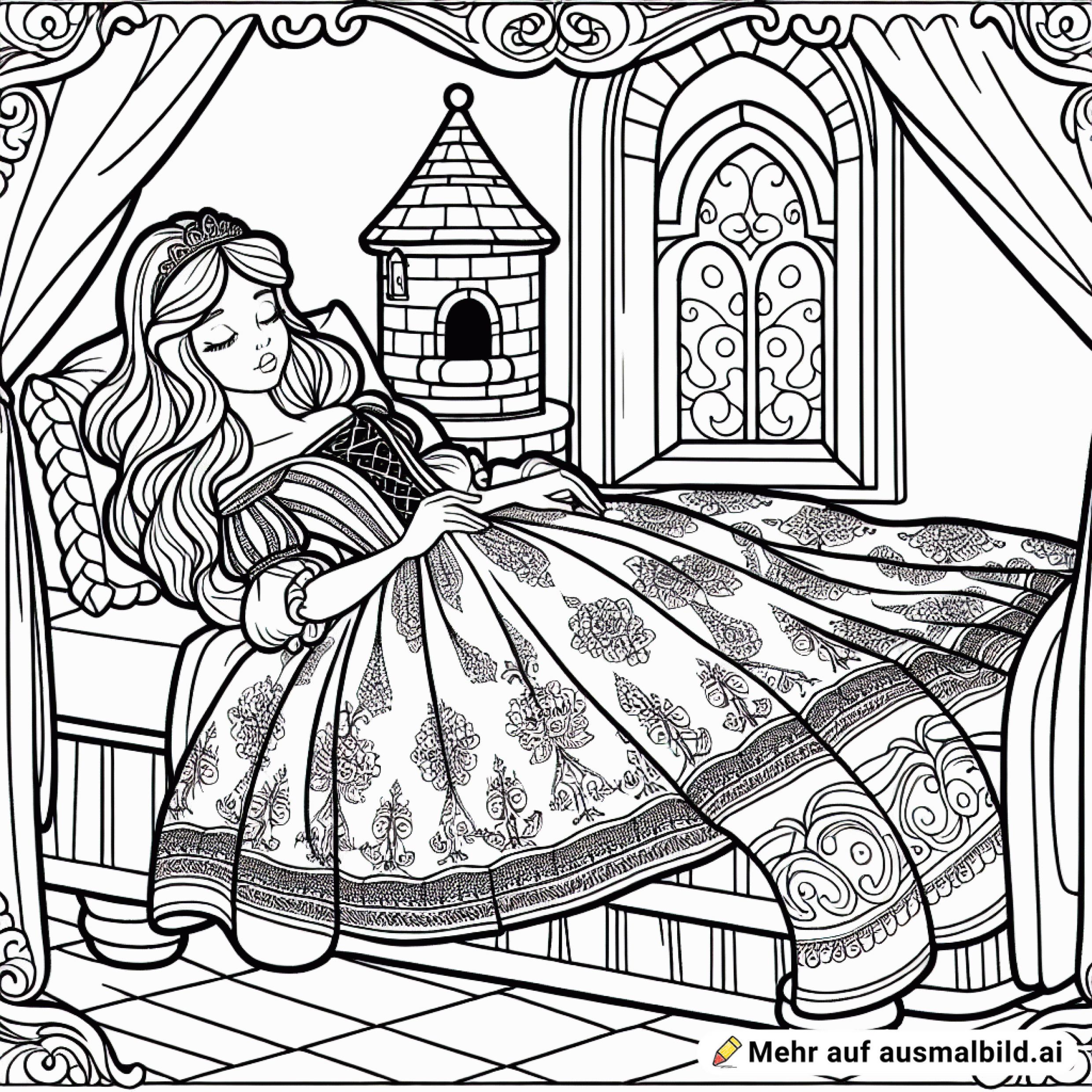 Dornröschen mit einem schön gemusterten Kleid, in ihrem Turmzimmer