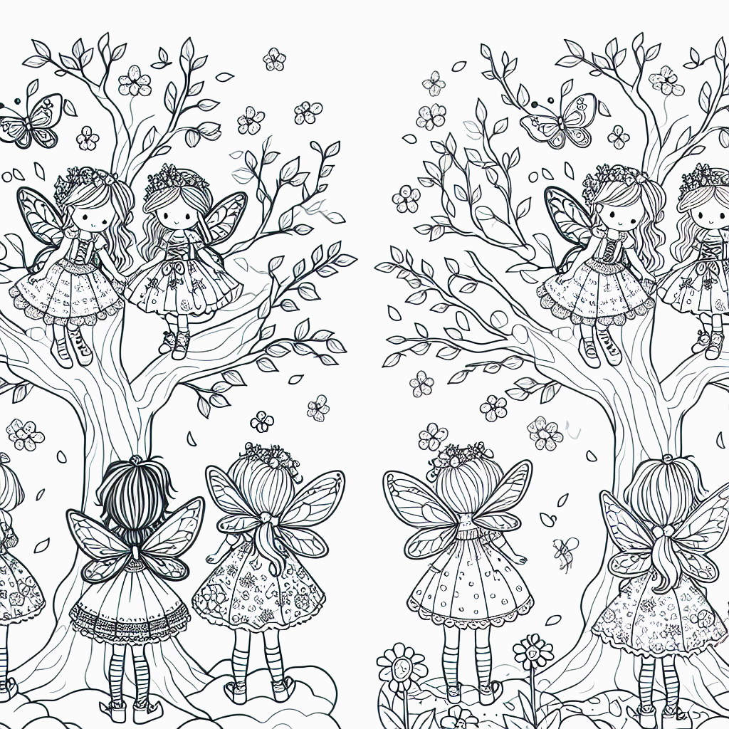 Feen Malvorlagen für Kinder – Kleine Feen auf dem Baum Ausmalbild