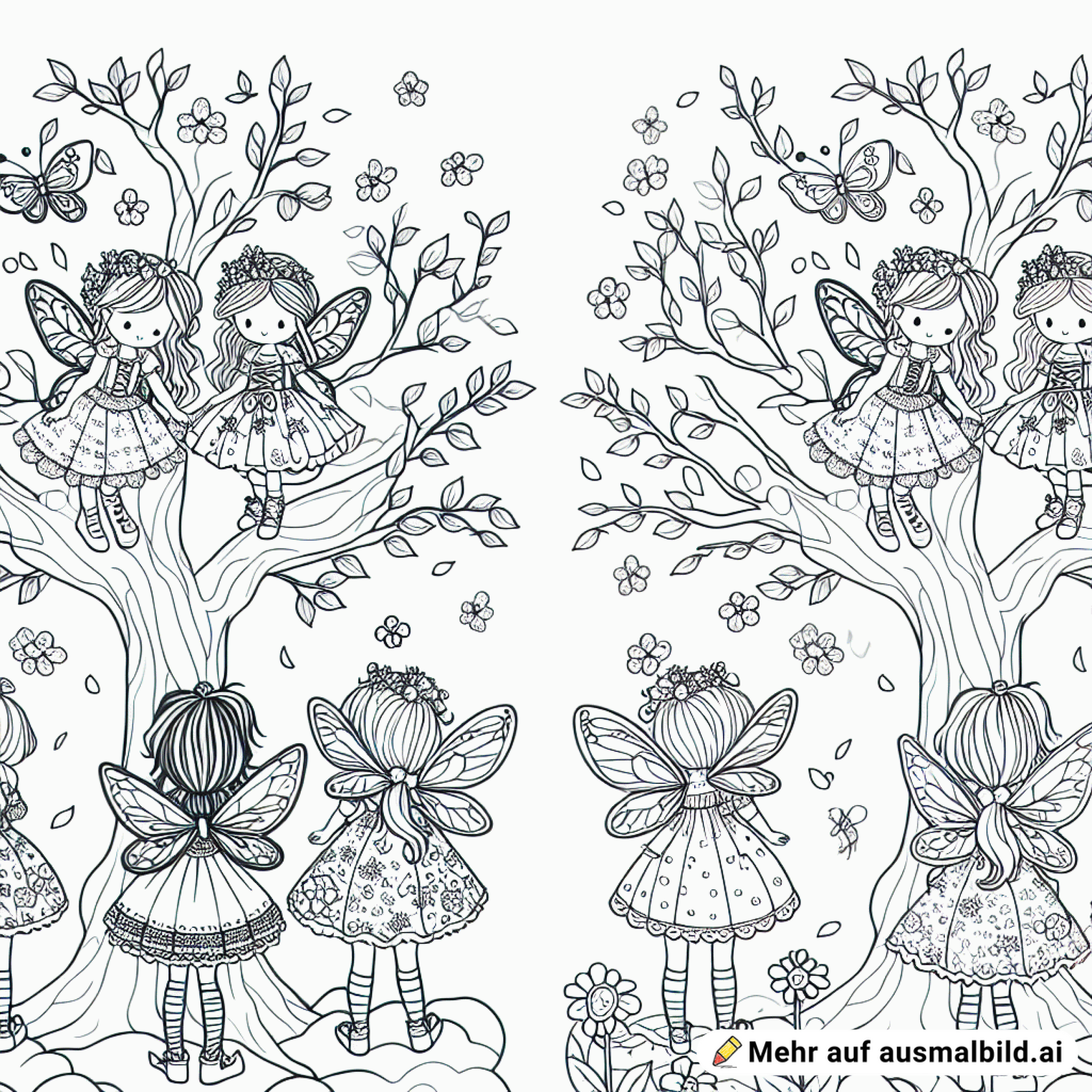 Einige kleine feen in schönen kleidern auf einem baum