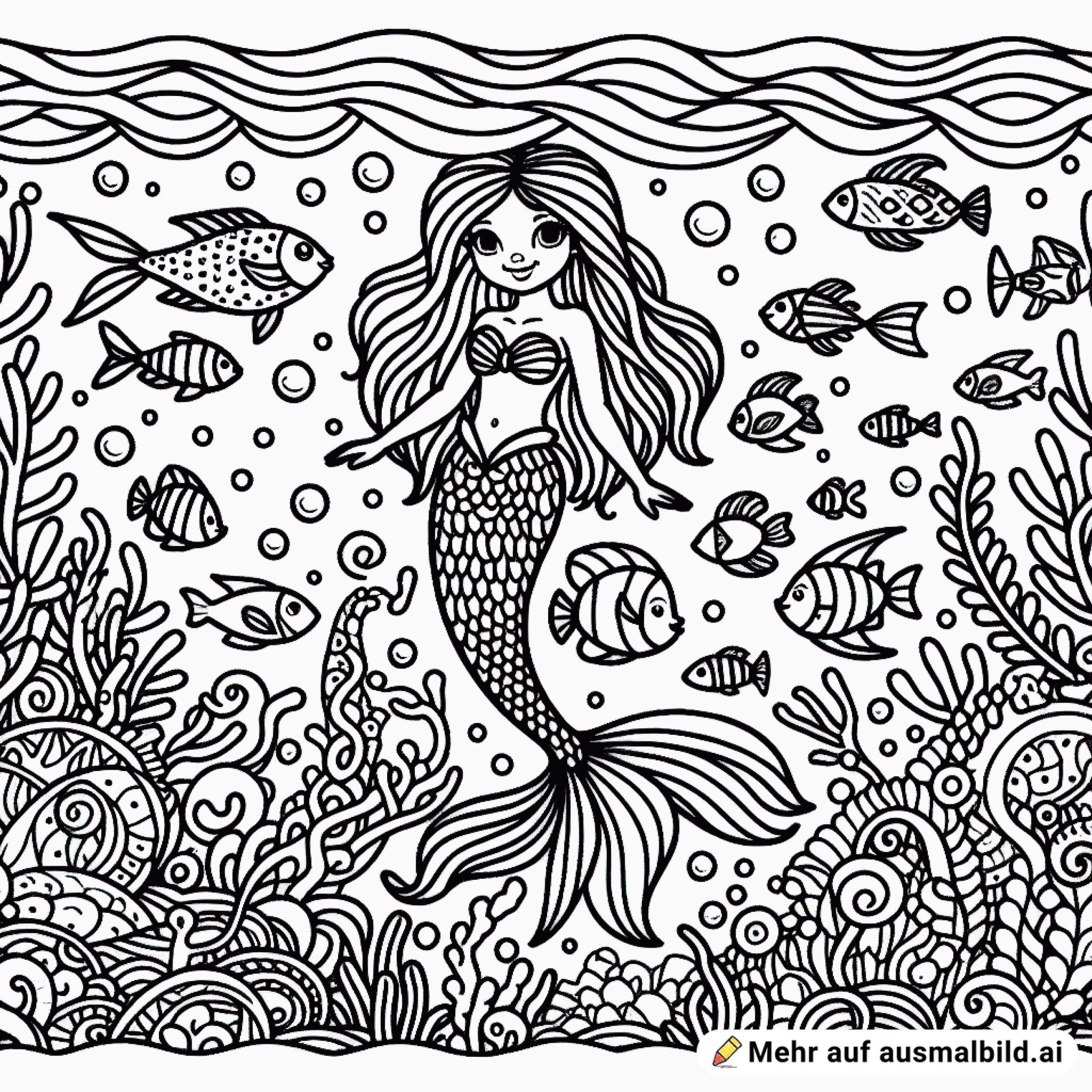 Eine meerjungfrau, sie soll aber nicht cartoonmäßig aussehen sondern eher realistisch, in einer belebten unterwasserwelt voller fische und unterwasserzeugs