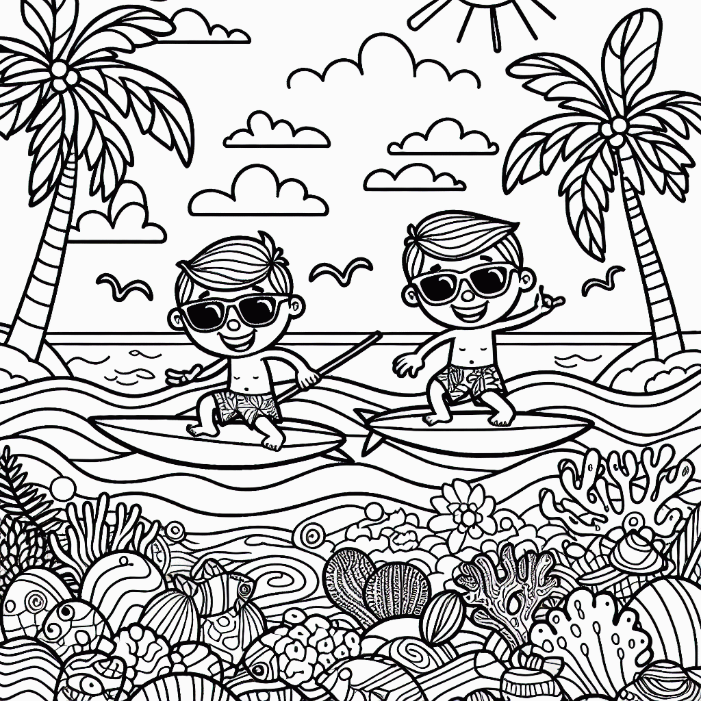 Lilo und Stitch Malvorlage zum Surfen am Tropenstrand kostenlos