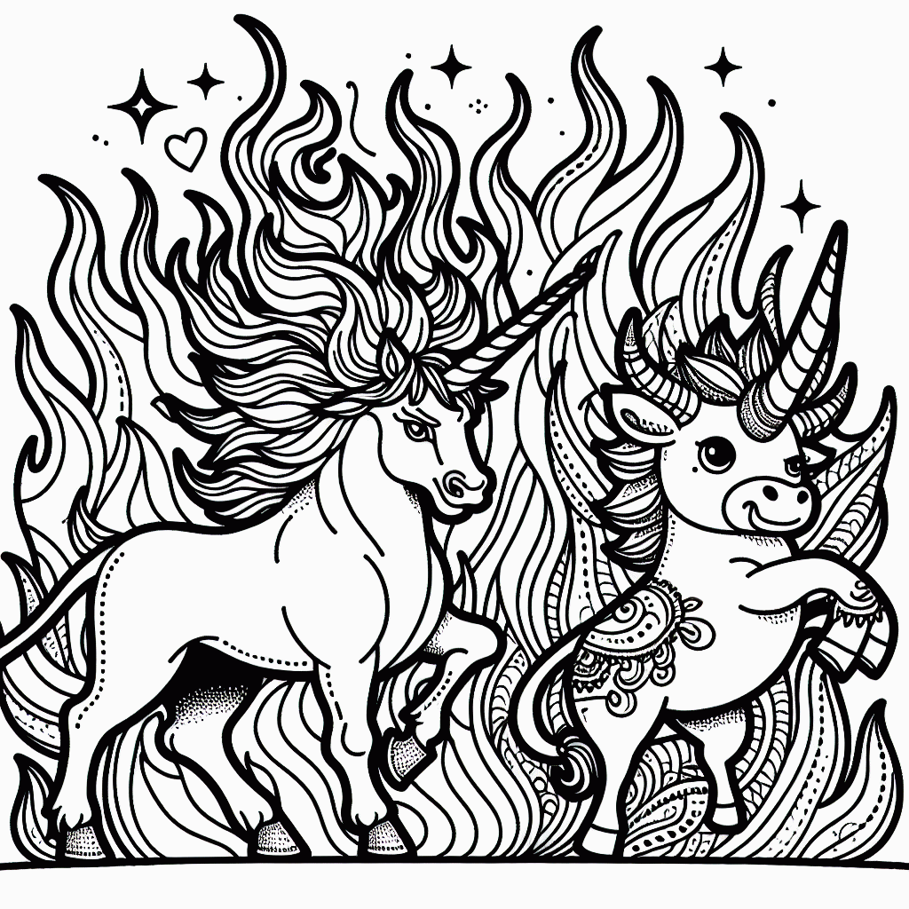 Kostenlose Malvorlage Stier mit Flammen & Einhorn Ausmalbild