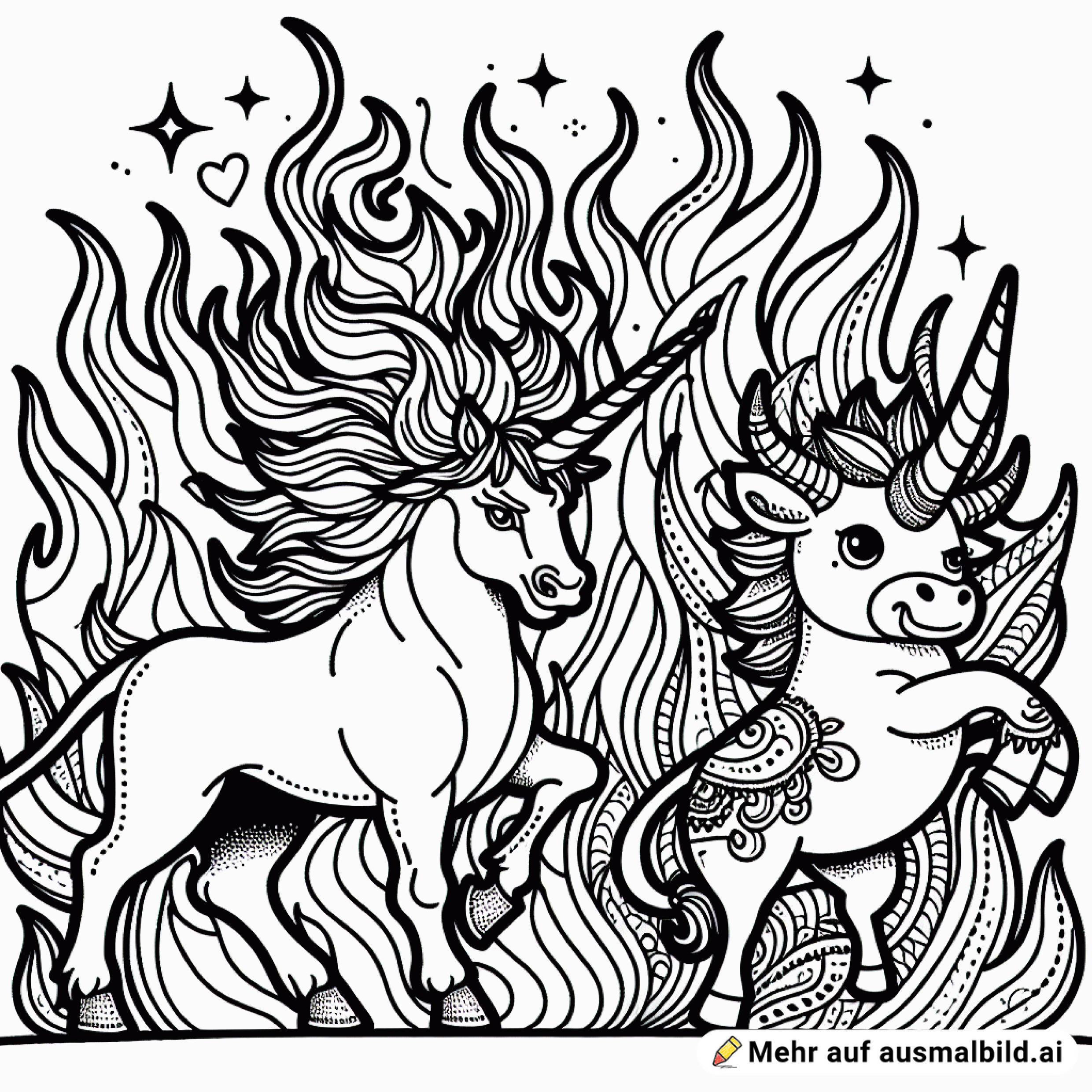 stier mit flammen und ein einhorn