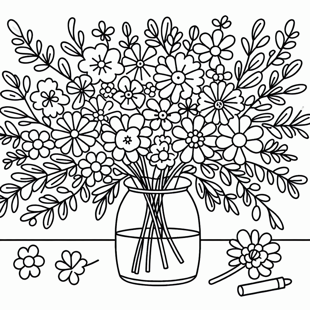 Kostenlose Blumenstrauß Malvorlage in Vase für 4-Jährige Ausdrucken