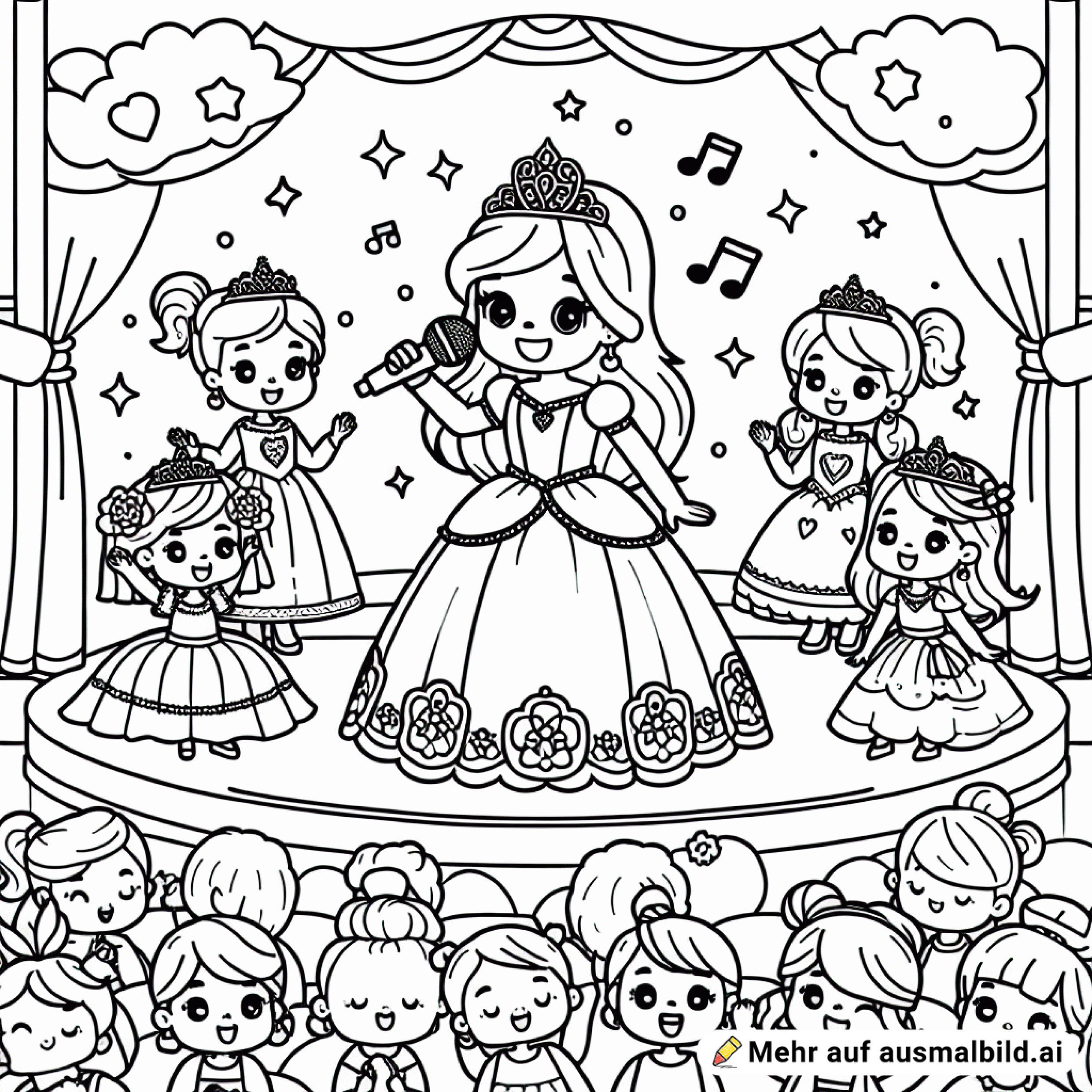 eine Prinzessin, die singt und tanzt auf der Bühne. Kinder sitzen im Publikum