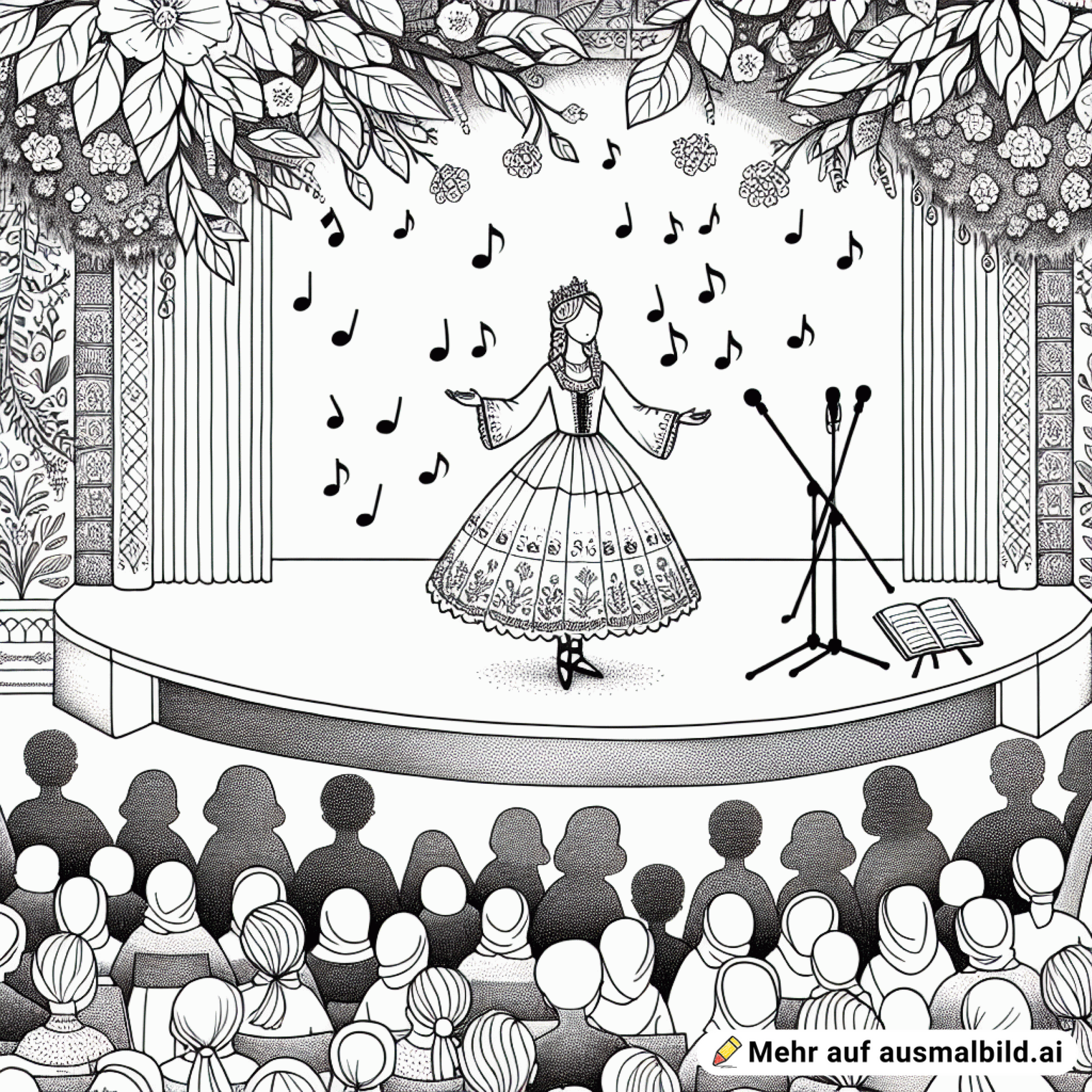 eine Prinzessin als Ballerina, die singt und tanzt auf der Bühne alleine. Kinder sitzen im Publikum