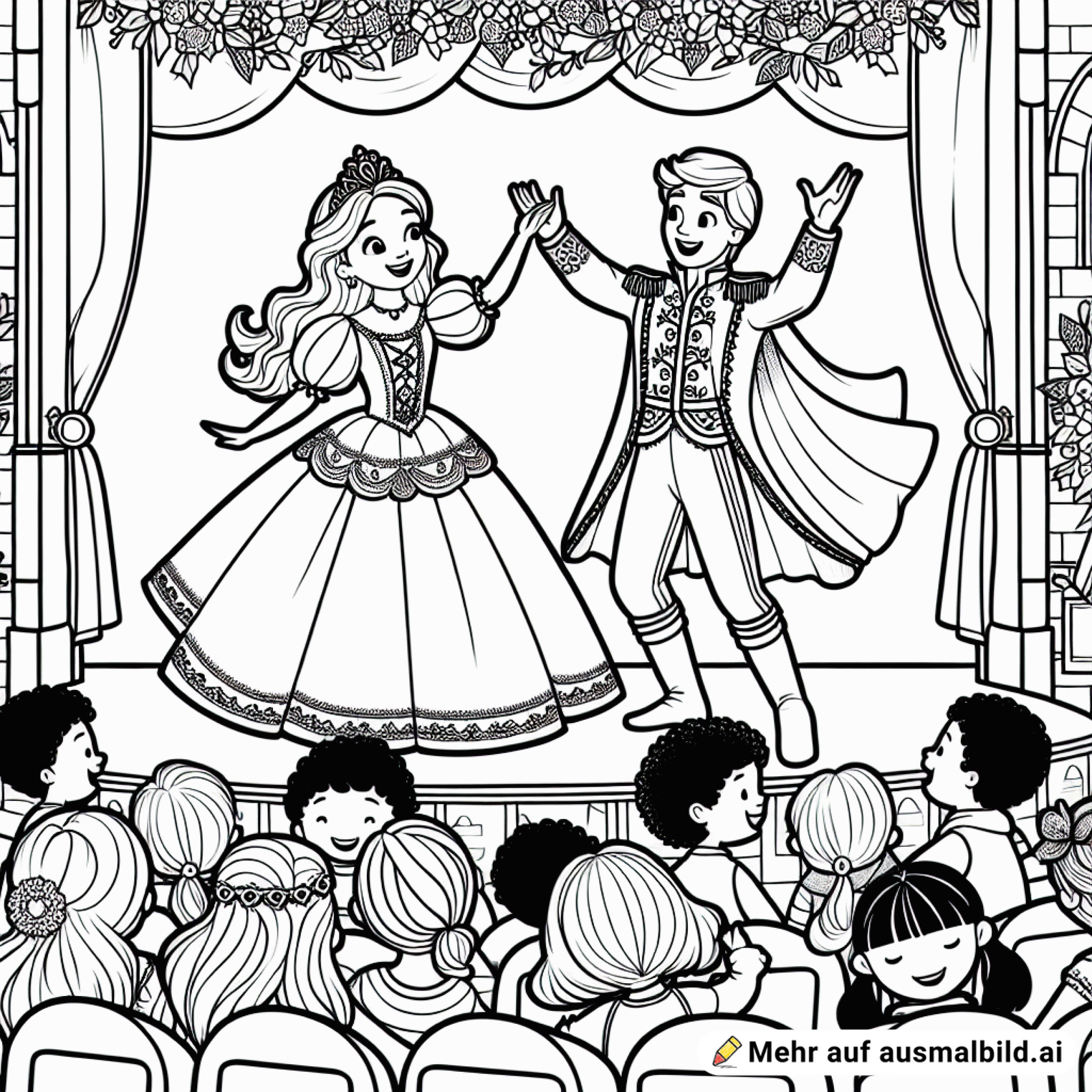 eine Prinzessin und eine Ballerina, die singen und tanzen auf der Bühne zu zweit. Kinder sitzen im Publikum