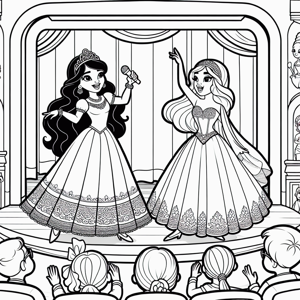 Kostenlose Malvorlage Prinzessin und Ballerina auf Bühne zum Ausdrucken