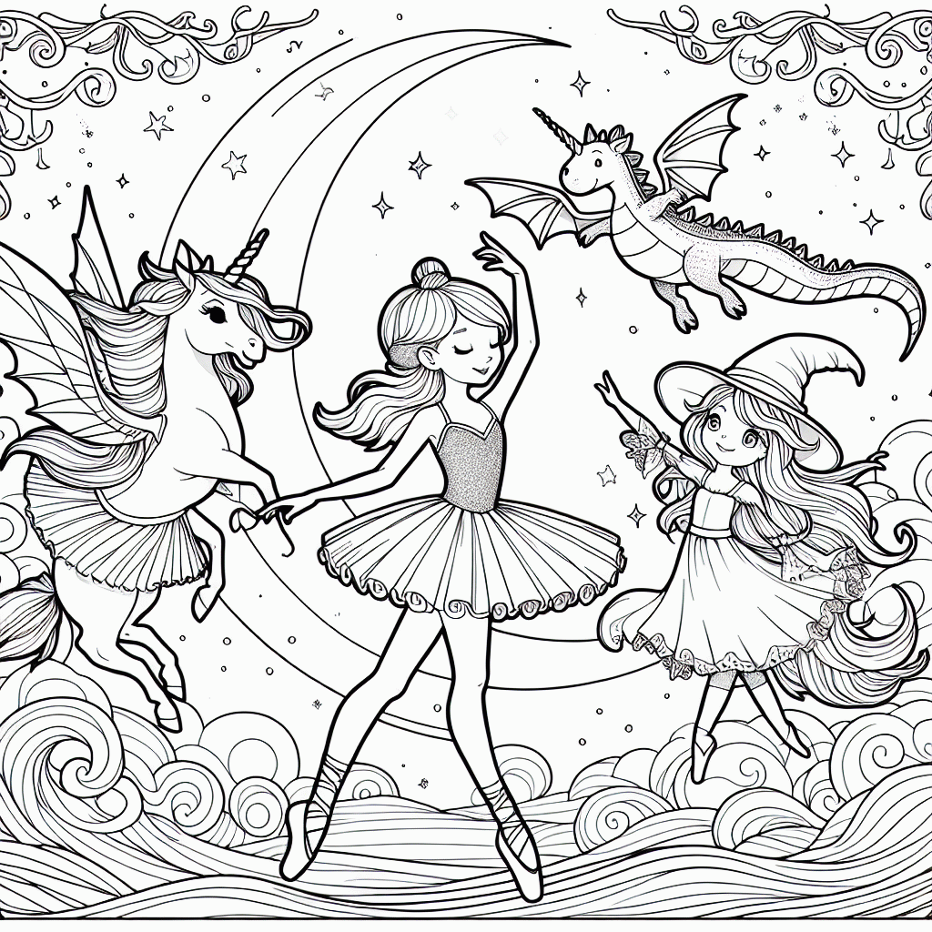 Kostenlose Malvorlagen Ballerina, Einhorn, Drache & Hexe vor Mond