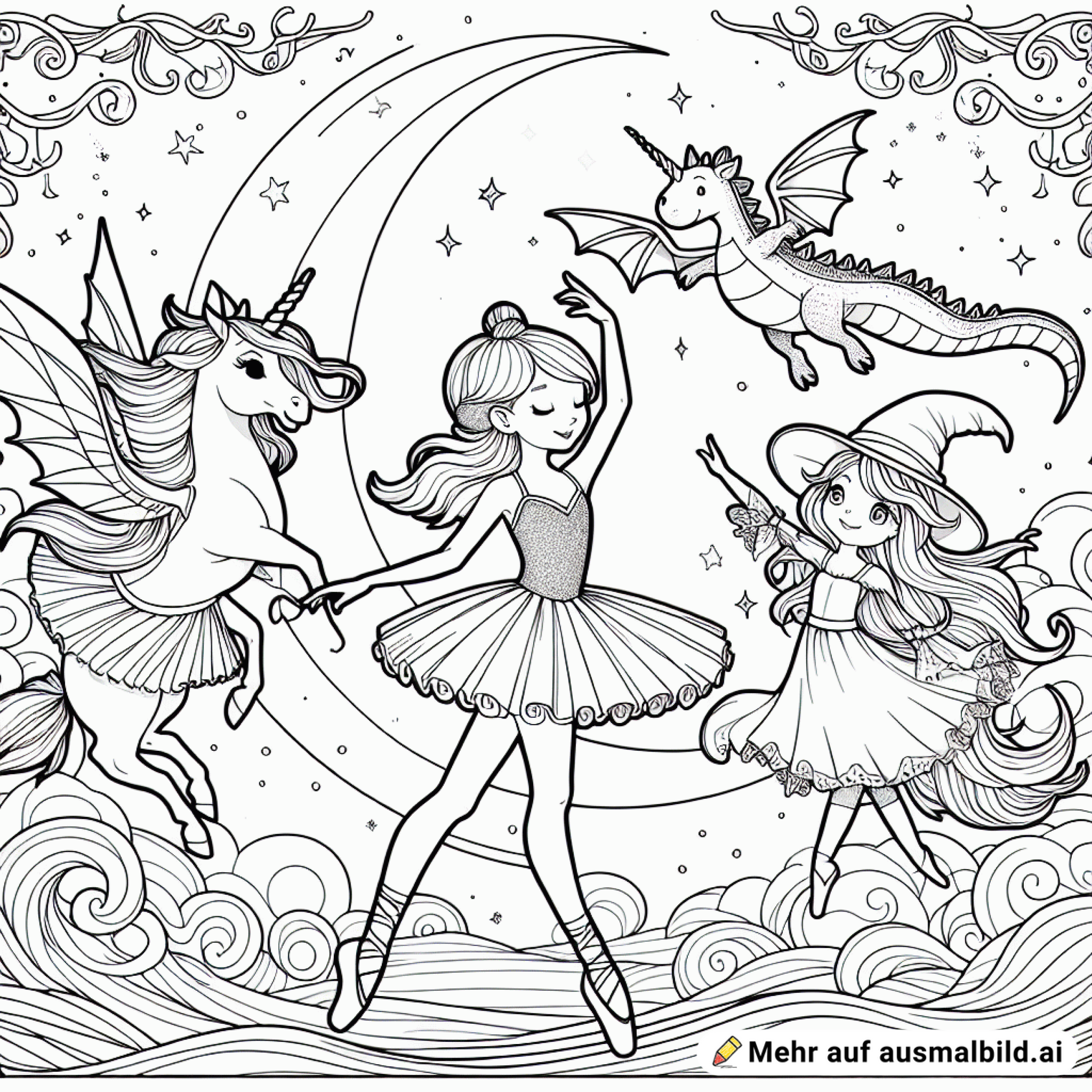 Eine Ballerina, ein Einhorn, ein Drachen und eine weibliche Hexe, die ähnlich wie Baby Bloxberg ausseieht fliegen vor dem Mond.