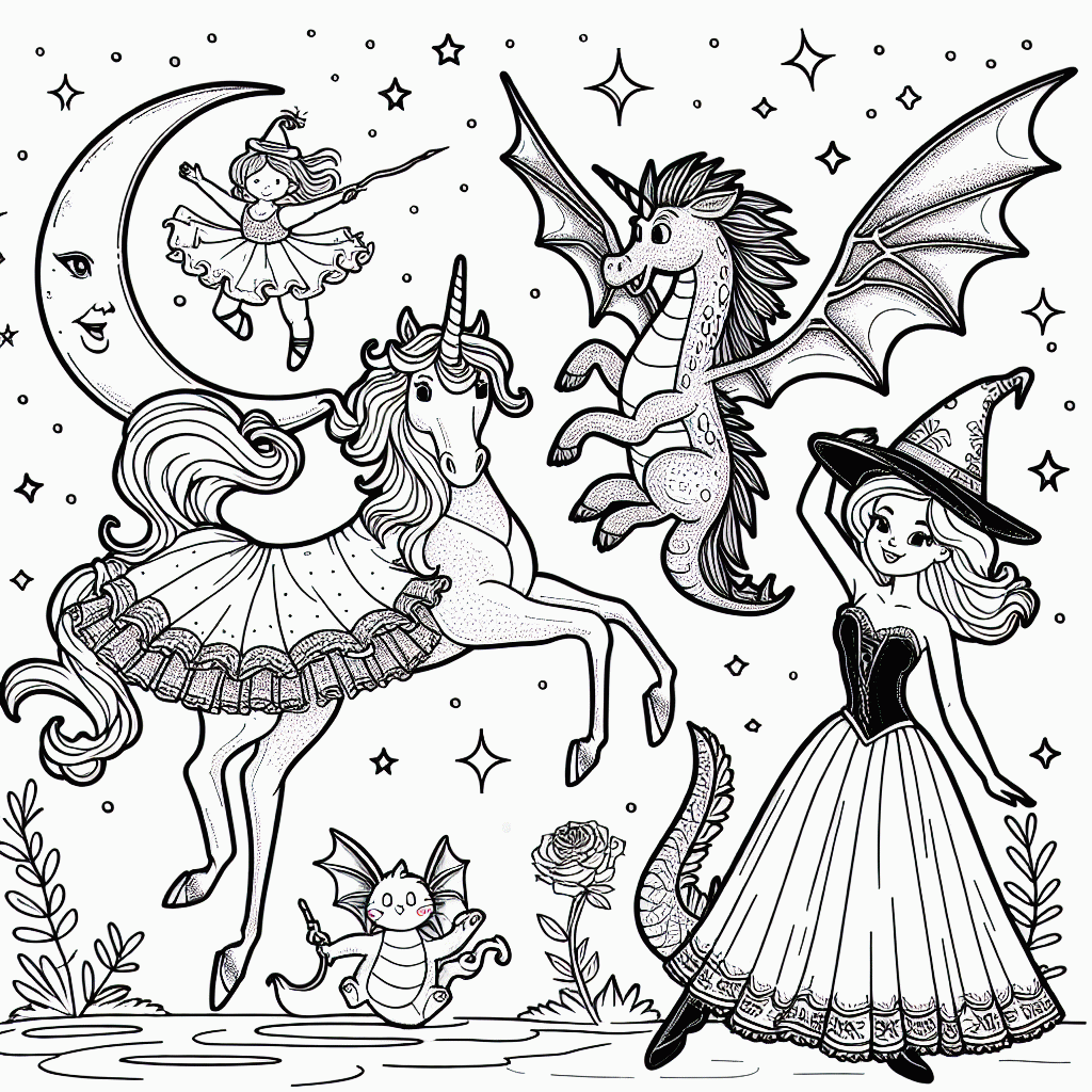 Kostenlose Malvorlagen Ballerina, Einhorn & Hexe vor Mond